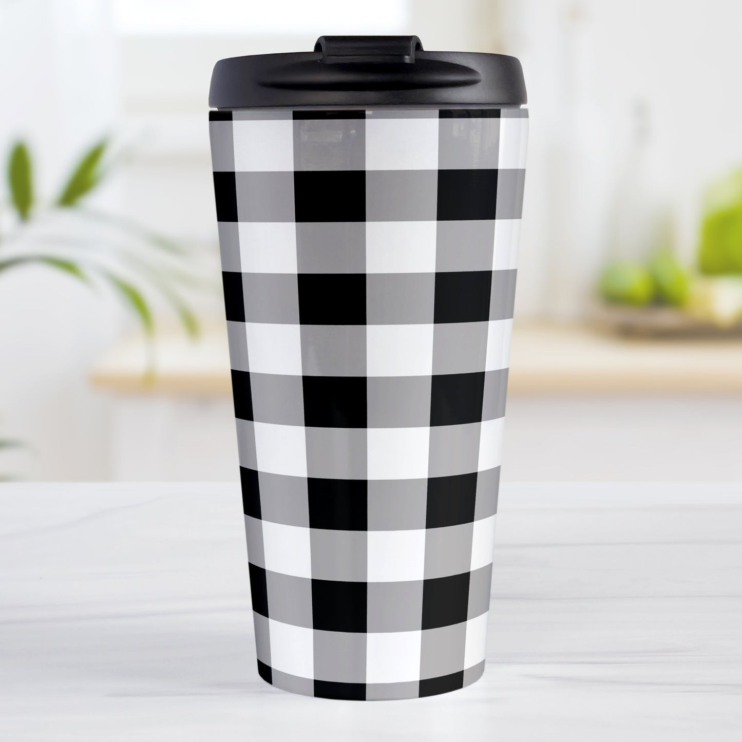 Black and White Buffalo Plaid Travel Mug (15oz, stainless steel insulated) at Amy's Coffee Mugs. A travel mug designed with a black and white buffalo plaid (buffalo check) pattern that wraps around the mug.