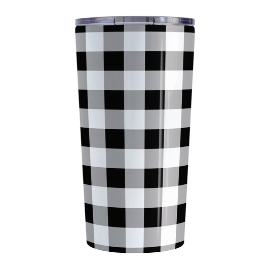 Black and White Buffalo Plaid Tumbler Cup (20oz, stainless steel insulated) at Amy's Coffee Mugs. A tumbler cup designed with a black and white buffalo plaid (buffalo check) pattern that wraps around the cup.