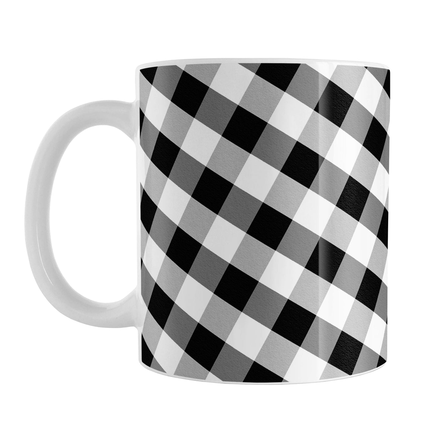 Black and White Gingham Mug (11oz) at Amy's Coffee Mugs. A ceramic coffee mug designed with a slanted black and white gingham pattern that wraps around the mug up to the handle.