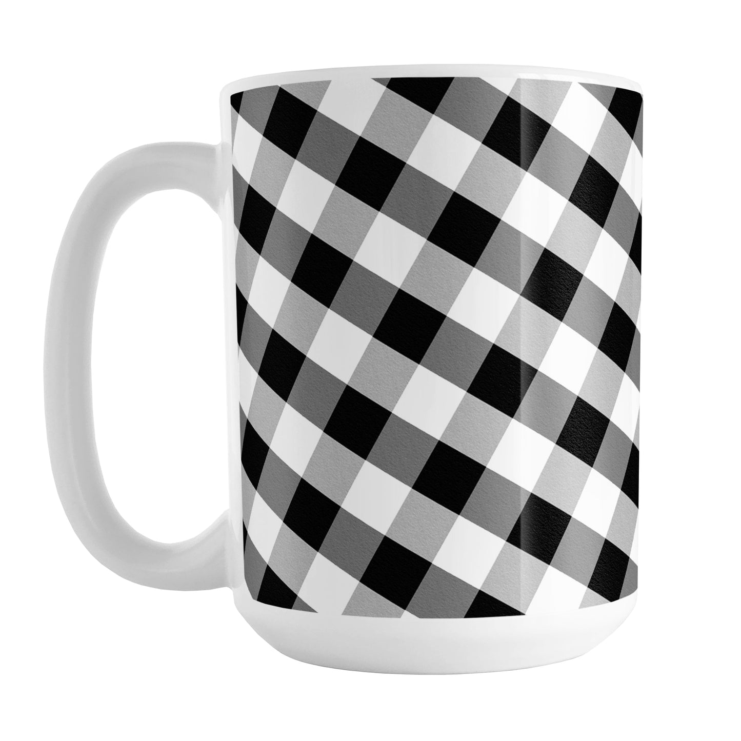 Black and White Gingham Mug (15oz) at Amy's Coffee Mugs. A ceramic coffee mug designed with a slanted black and white gingham pattern that wraps around the mug up to the handle.