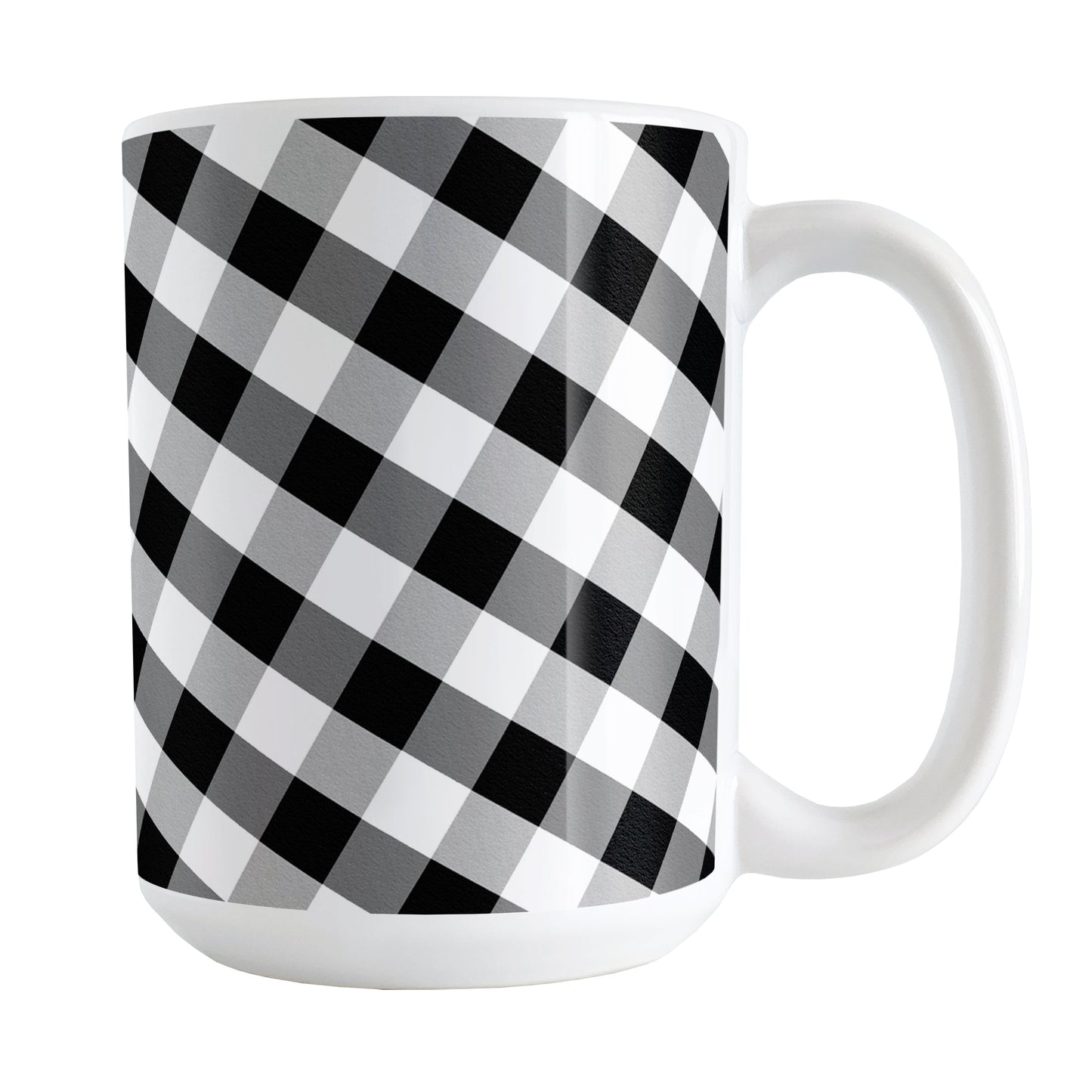 Black and White Gingham Mug (15oz) at Amy's Coffee Mugs. A ceramic coffee mug designed with a slanted black and white gingham pattern that wraps around the mug up to the handle.