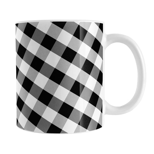 Black and White Gingham Mug (11oz) at Amy's Coffee Mugs. A ceramic coffee mug designed with a slanted black and white gingham pattern that wraps around the mug up to the handle.