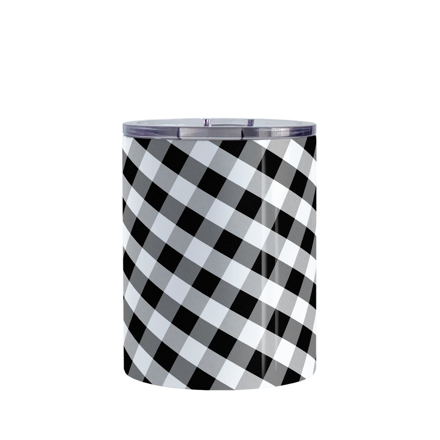 Black and White Gingham Tumbler Cup (10oz, stainless steel insulated) at Amy's Coffee Mugs. A tumbler cup designed with a slanted black and white gingham pattern that wraps around the cup.