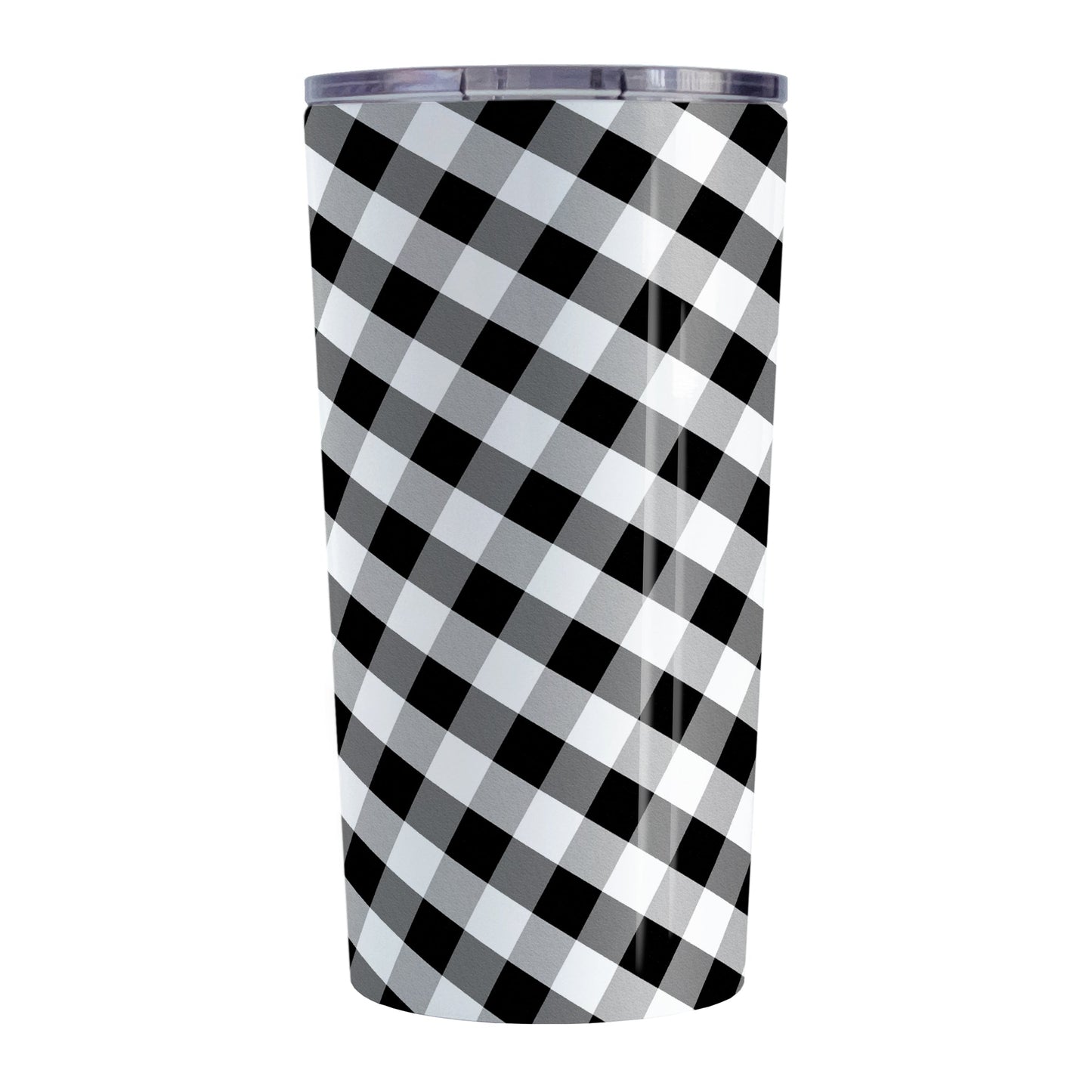 Black and White Gingham Tumbler Cup (20oz, stainless steel insulated) at Amy's Coffee Mugs. A tumbler cup designed with a slanted black and white gingham pattern that wraps around the cup.