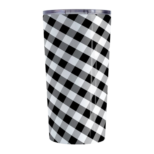 Black and White Gingham Tumbler Cup (20oz, stainless steel insulated) at Amy's Coffee Mugs. A tumbler cup designed with a slanted black and white gingham pattern that wraps around the cup.