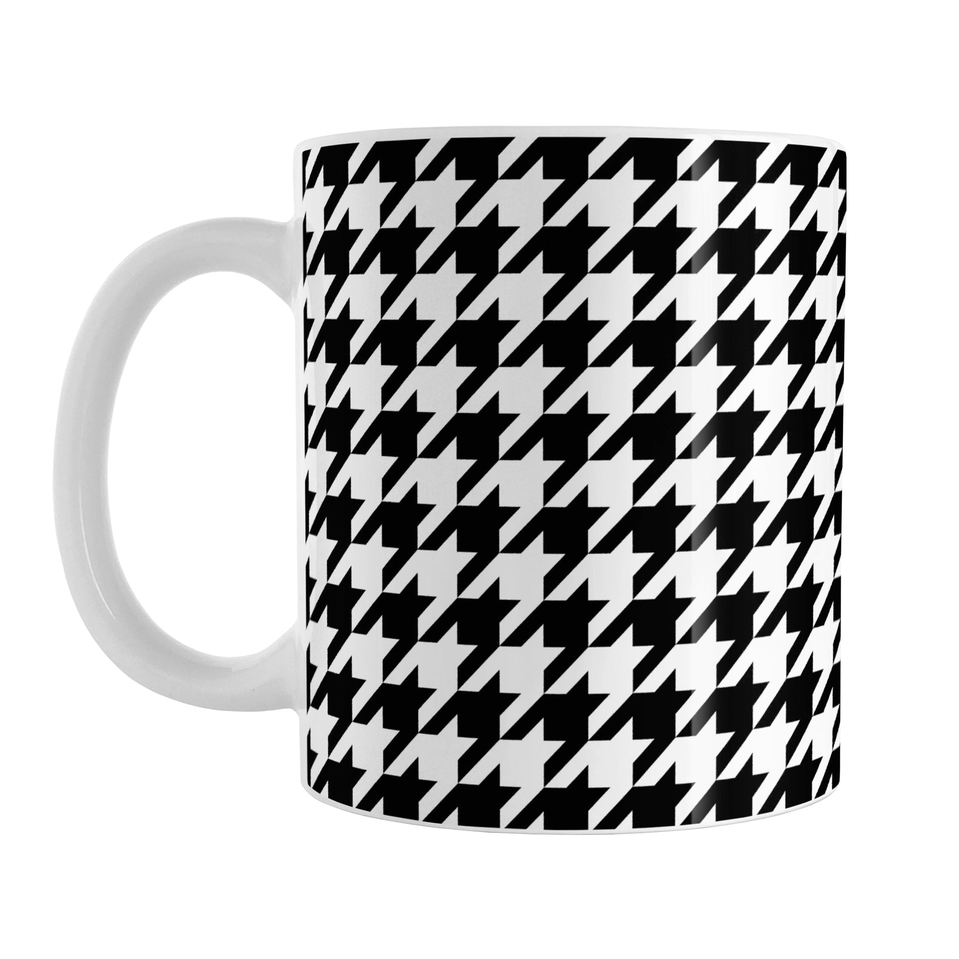 Black and White Houndstooth Mug (11oz) at Amy's Coffee Mugs. A ceramic coffee mug designed with a black and white houndstooth (dogtooth) pattern that wraps around the mug up to the handle.