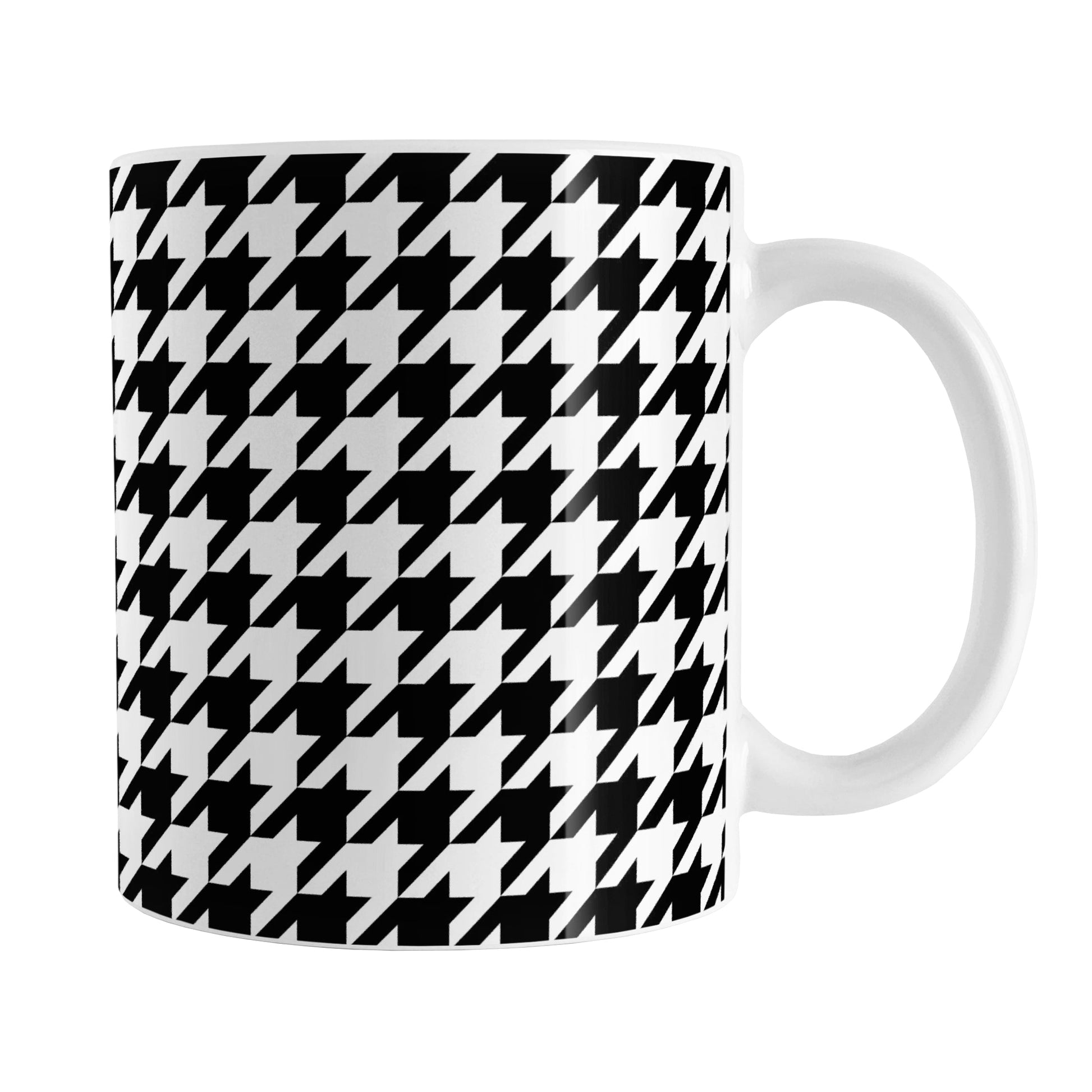 Black and White Houndstooth Mug (11oz) at Amy's Coffee Mugs. A ceramic coffee mug designed with a black and white houndstooth (dogtooth) pattern that wraps around the mug up to the handle.