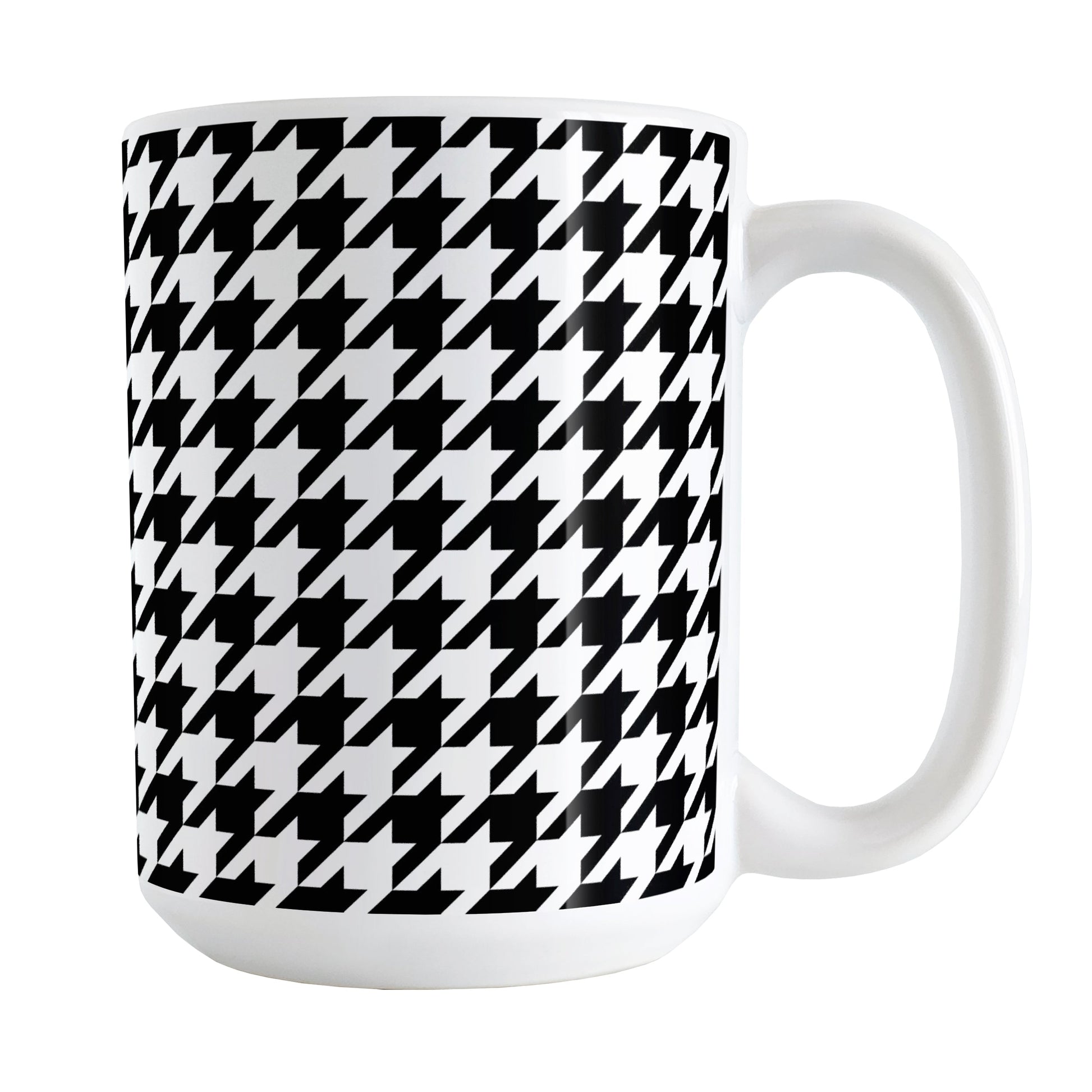 Black and White Houndstooth Mug (15oz) at Amy's Coffee Mugs. A ceramic coffee mug designed with a black and white houndstooth (dogtooth) pattern that wraps around the mug up to the handle.