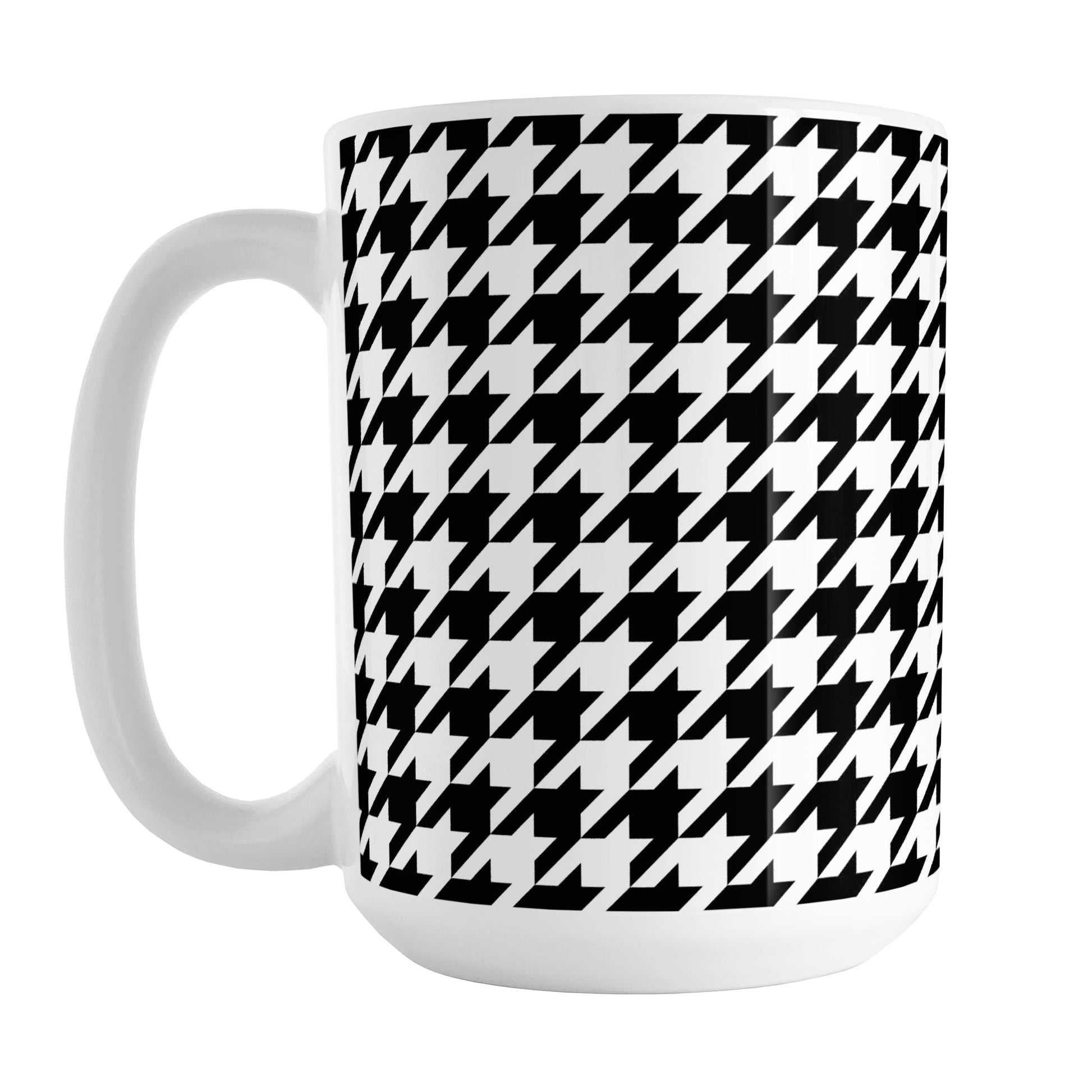 Black and White Houndstooth Mug (15oz) at Amy's Coffee Mugs. A ceramic coffee mug designed with a black and white houndstooth (dogtooth) pattern that wraps around the mug up to the handle.