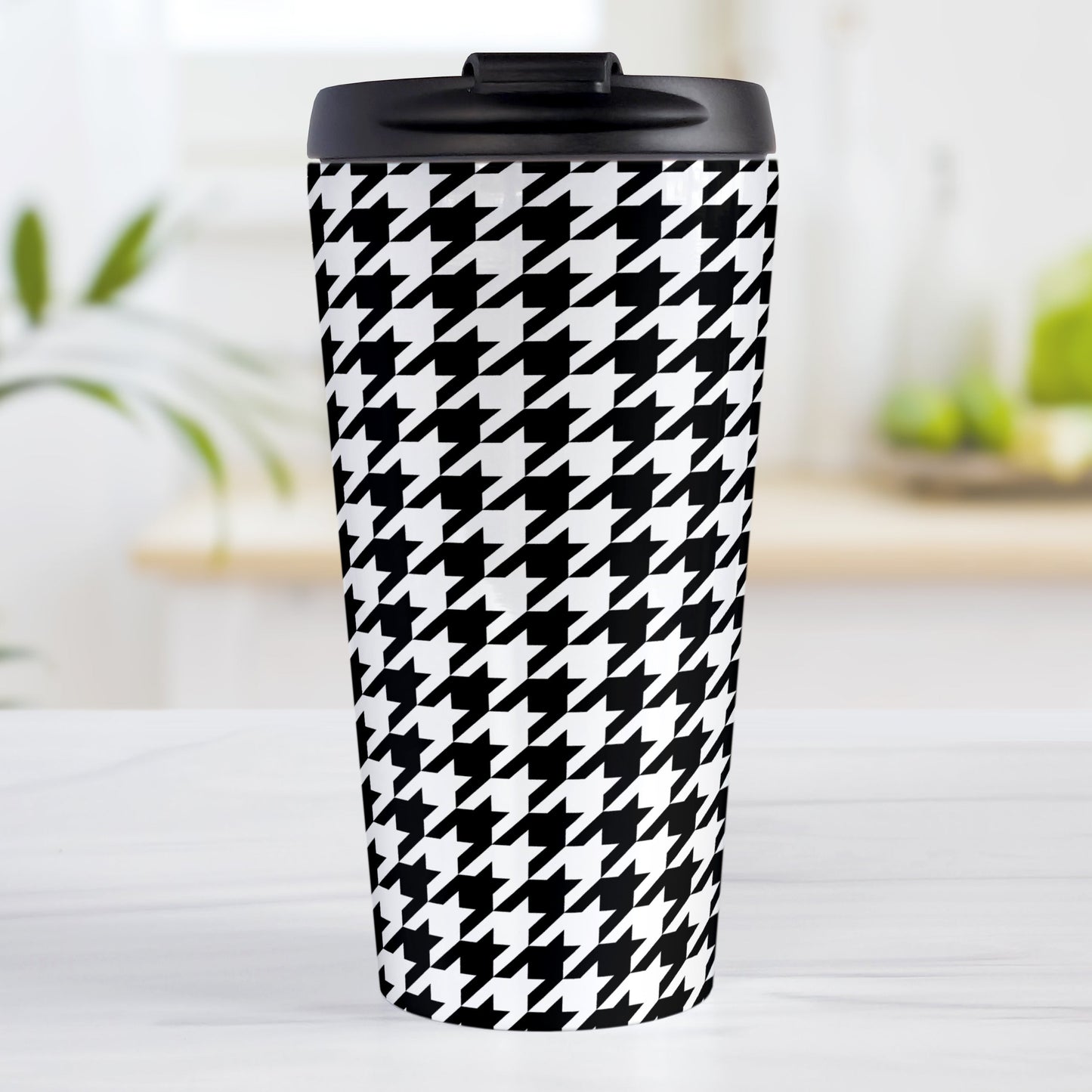 Black and White Houndstooth Travel Mug (15oz, stainless steel insulated) at Amy's Coffee Mugs. A travel mug designed with a black and white houndstooth (dogtooth) pattern that wraps around the travel mug.