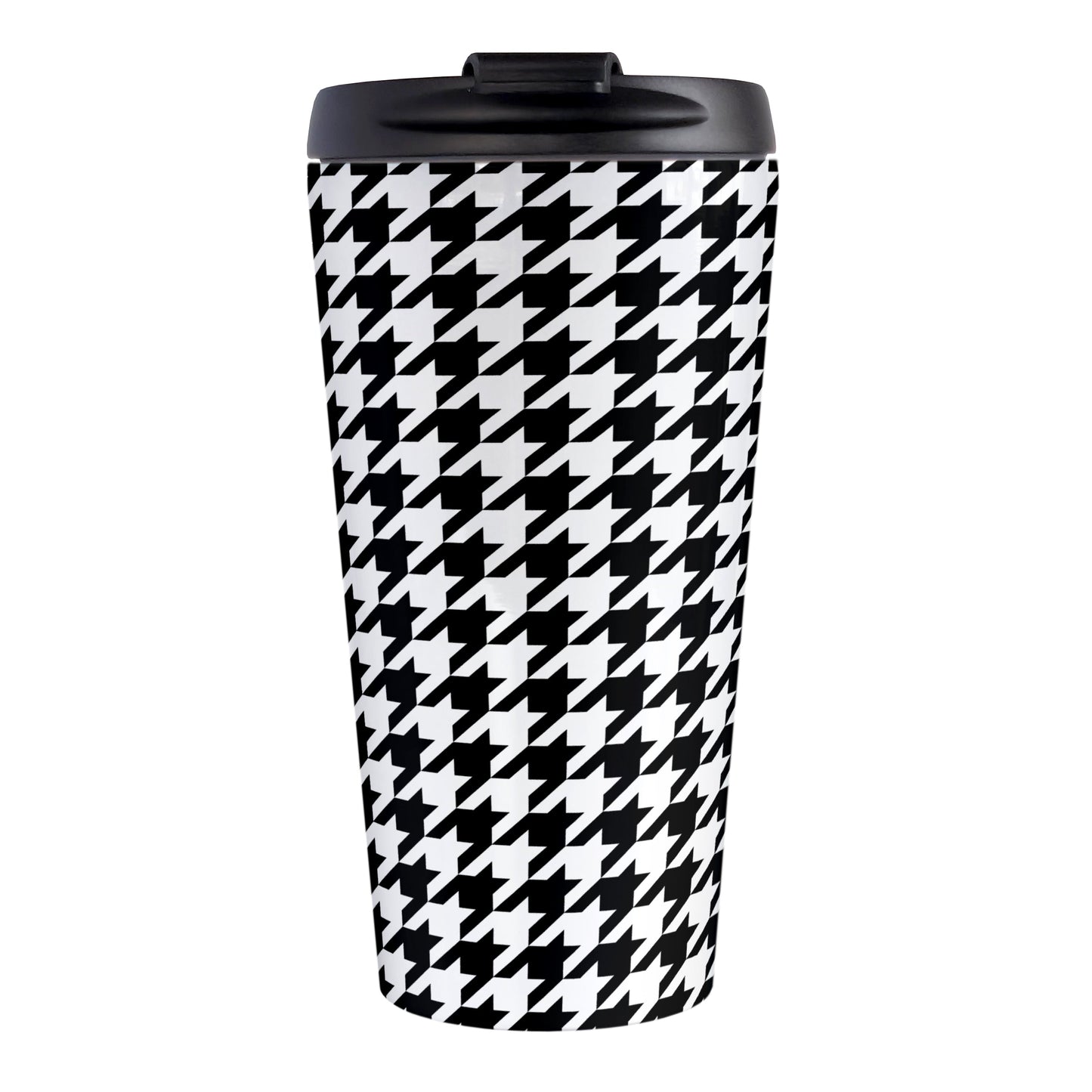 Black and White Houndstooth Travel Mug (15oz, stainless steel insulated) at Amy's Coffee Mugs. A travel mug designed with a black and white houndstooth (dogtooth) pattern that wraps around the travel mug.