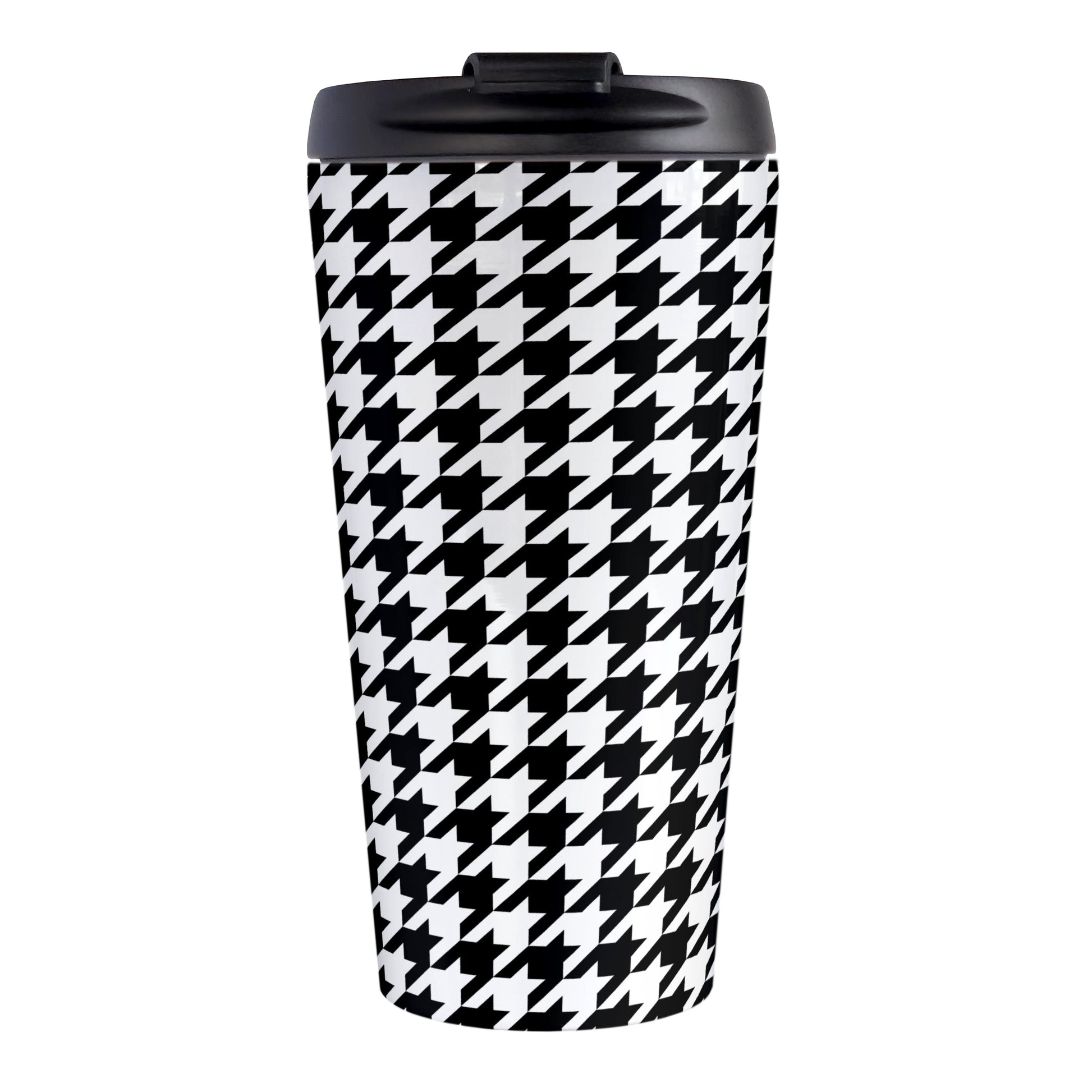 Black and White Houndstooth Travel Mug (15oz, stainless steel insulated) at Amy's Coffee Mugs. A travel mug designed with a black and white houndstooth (dogtooth) pattern that wraps around the travel mug.
