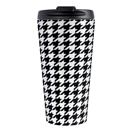 Black and White Houndstooth Travel Mug (15oz, stainless steel insulated) at Amy's Coffee Mugs. A travel mug designed with a black and white houndstooth (dogtooth) pattern that wraps around the travel mug.
