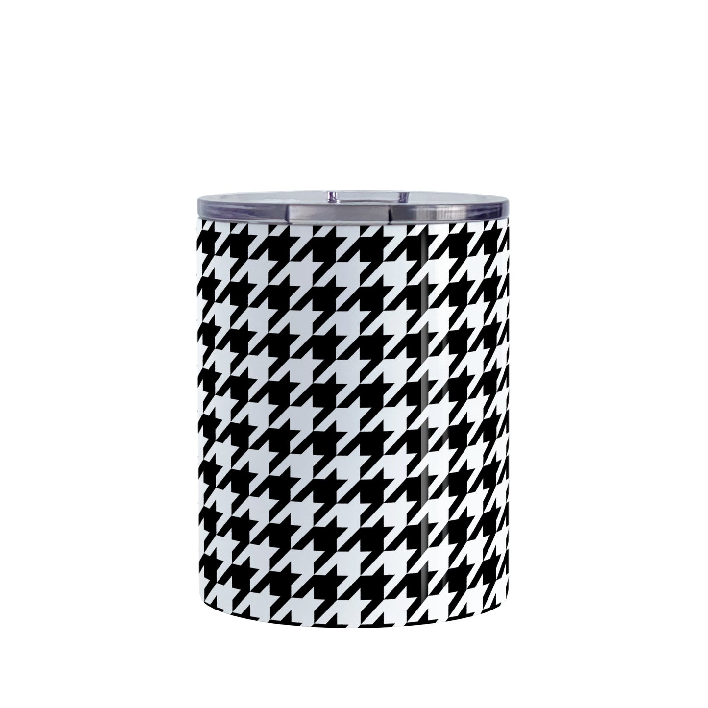 Black and White Houndstooth Tumbler Cup (10oz, stainless steel insulated) at Amy's Coffee Mugs. A tumbler cup designed with a black and white houndstooth (dogtooth) pattern that wraps around the cup.