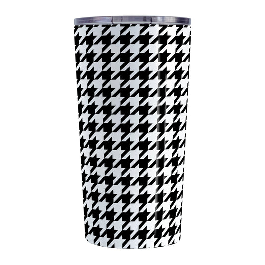 Black and White Houndstooth Tumbler Cup (20oz, stainless steel insulated) at Amy's Coffee Mugs. A tumbler cup designed with a black and white houndstooth (dogtooth) pattern that wraps around the cup.
