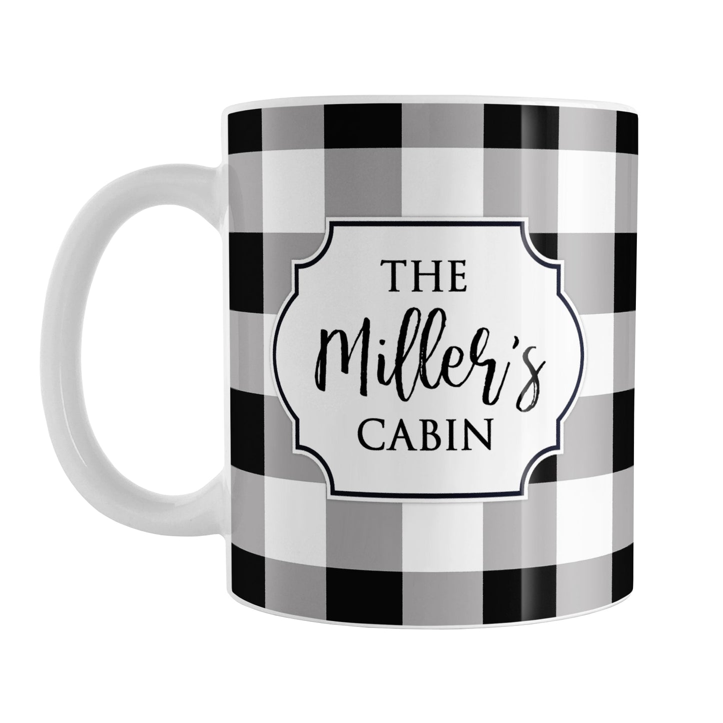 Black and White Personalized Buffalo Plaid Mug (11oz) at Amy's Coffee Mugs. A ceramic coffee mug designed with a black and white buffalo plaid (buffalo check) pattern that wraps around the mug up to the handle, and your personalization is done in a white frame design on both sides of the mug over the buffalo plaid background.