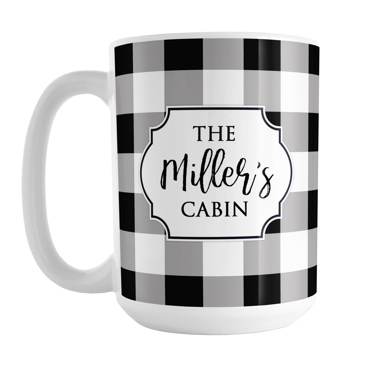 Black and White Personalized Buffalo Plaid Mug (15oz) at Amy's Coffee Mugs. A ceramic coffee mug designed with a black and white buffalo plaid (buffalo check) pattern that wraps around the mug up to the handle, and your personalization is done in a white frame design on both sides of the mug over the buffalo plaid background.