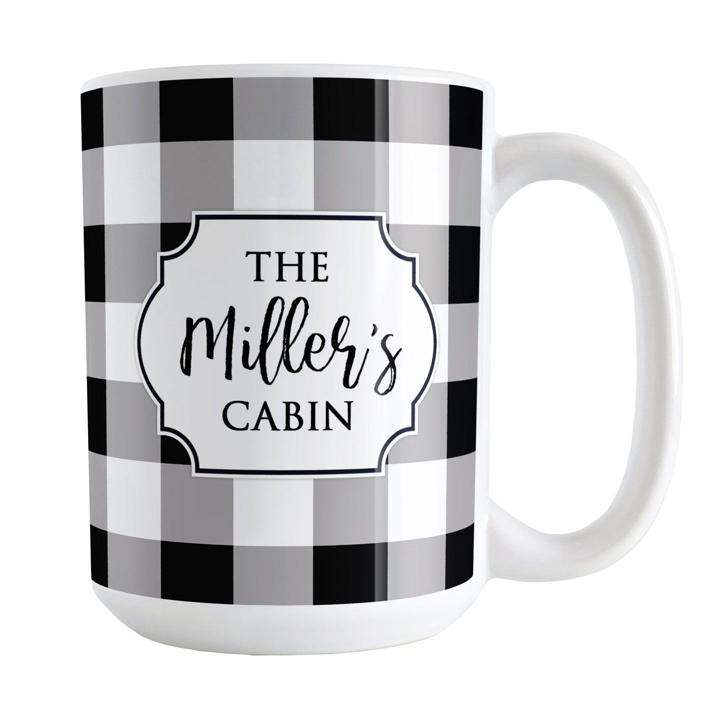 Black and White Personalized Buffalo Plaid Mug (15oz) at Amy's Coffee Mugs. A ceramic coffee mug designed with a black and white buffalo plaid (buffalo check) pattern that wraps around the mug up to the handle, and your personalization is done in a white frame design on both sides of the mug over the buffalo plaid background.