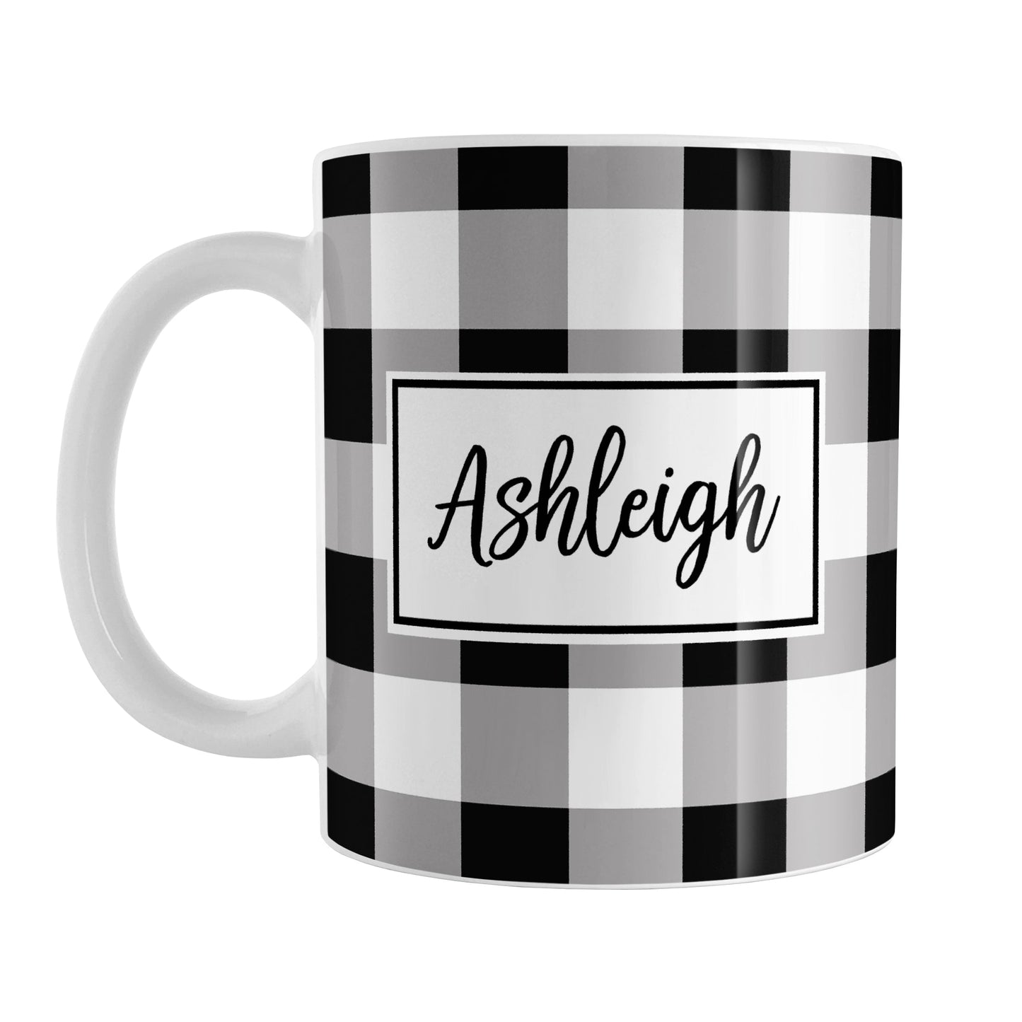 Black and White Personalized Name Buffalo Plaid Mug (11oz) at Amy's Coffee Mugs. A ceramic coffee mug designed with a black and white buffalo plaid (buffalo check) pattern that wraps around the mug up to the handle. Your personalized name is custom printed in a black script font in a white rectangle design on both sides of the mug.