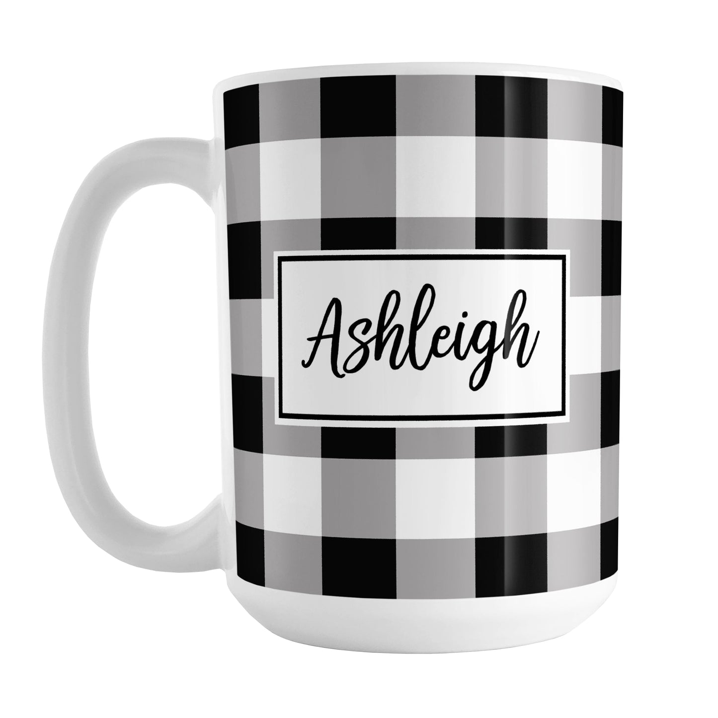 Black and White Personalized Name Buffalo Plaid Mug (15oz) at Amy's Coffee Mugs. A ceramic coffee mug designed with a black and white buffalo plaid (buffalo check) pattern that wraps around the mug up to the handle. Your personalized name is custom printed in a black script font in a white rectangle design on both sides of the mug.