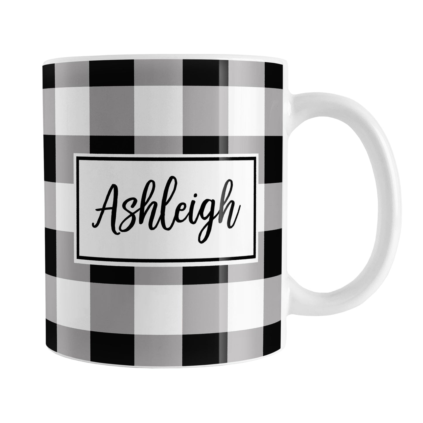 Black and White Personalized Name Buffalo Plaid Mug (11oz) at Amy's Coffee Mugs. A ceramic coffee mug designed with a black and white buffalo plaid (buffalo check) pattern that wraps around the mug up to the handle. Your personalized name is custom printed in a black script font in a white rectangle design on both sides of the mug.