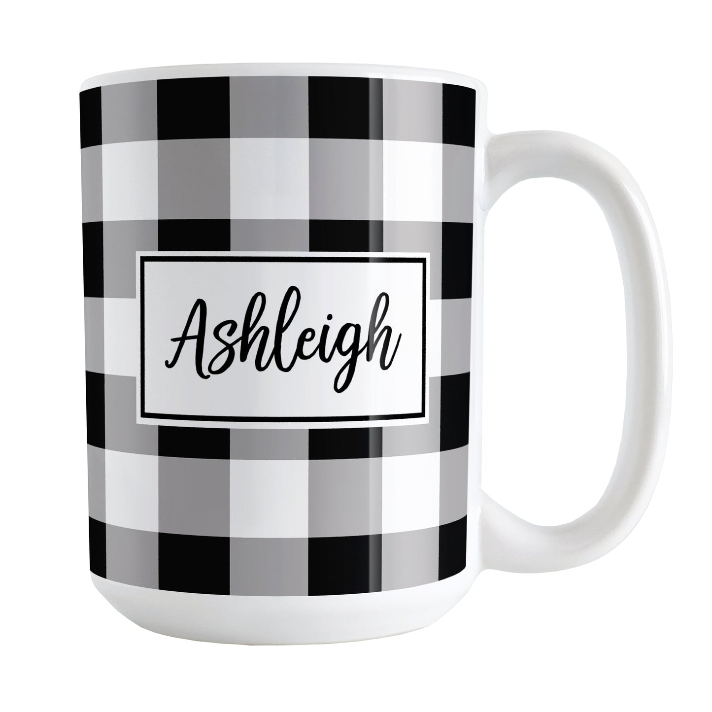 Black and White Personalized Name Buffalo Plaid Mug (15oz) at Amy's Coffee Mugs. A ceramic coffee mug designed with a black and white buffalo plaid (buffalo check) pattern that wraps around the mug up to the handle. Your personalized name is custom printed in a black script font in a white rectangle design on both sides of the mug.
