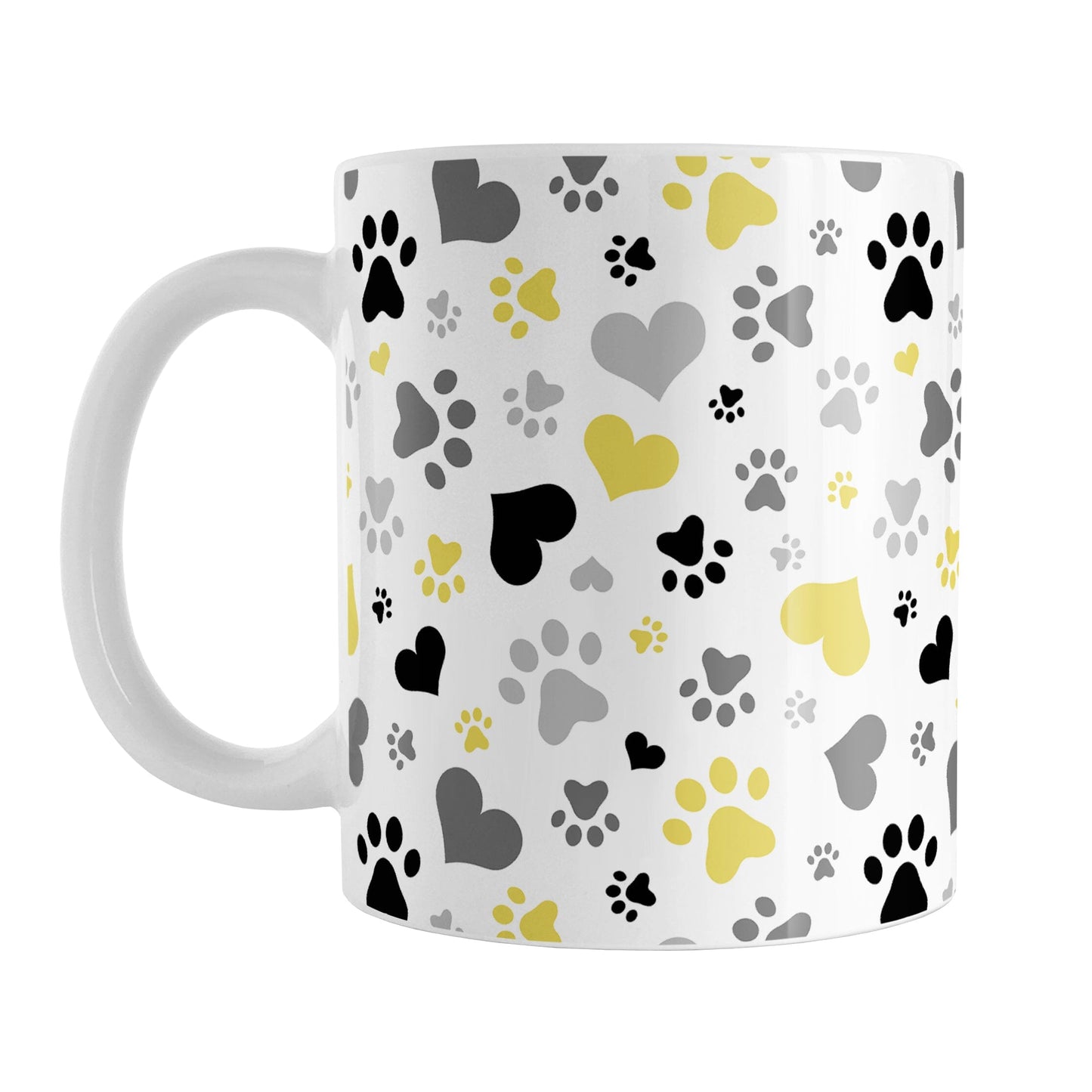 Black and Yellow Hearts and Paw Prints Mug (11oz) at Amy's Coffee Mugs. A ceramic coffee mug designed with a pattern of hearts and paw prints in red and different shades of black and gray that wraps around the mug to the handle. This mug is perfect for people love dogs and cute paw print designs.