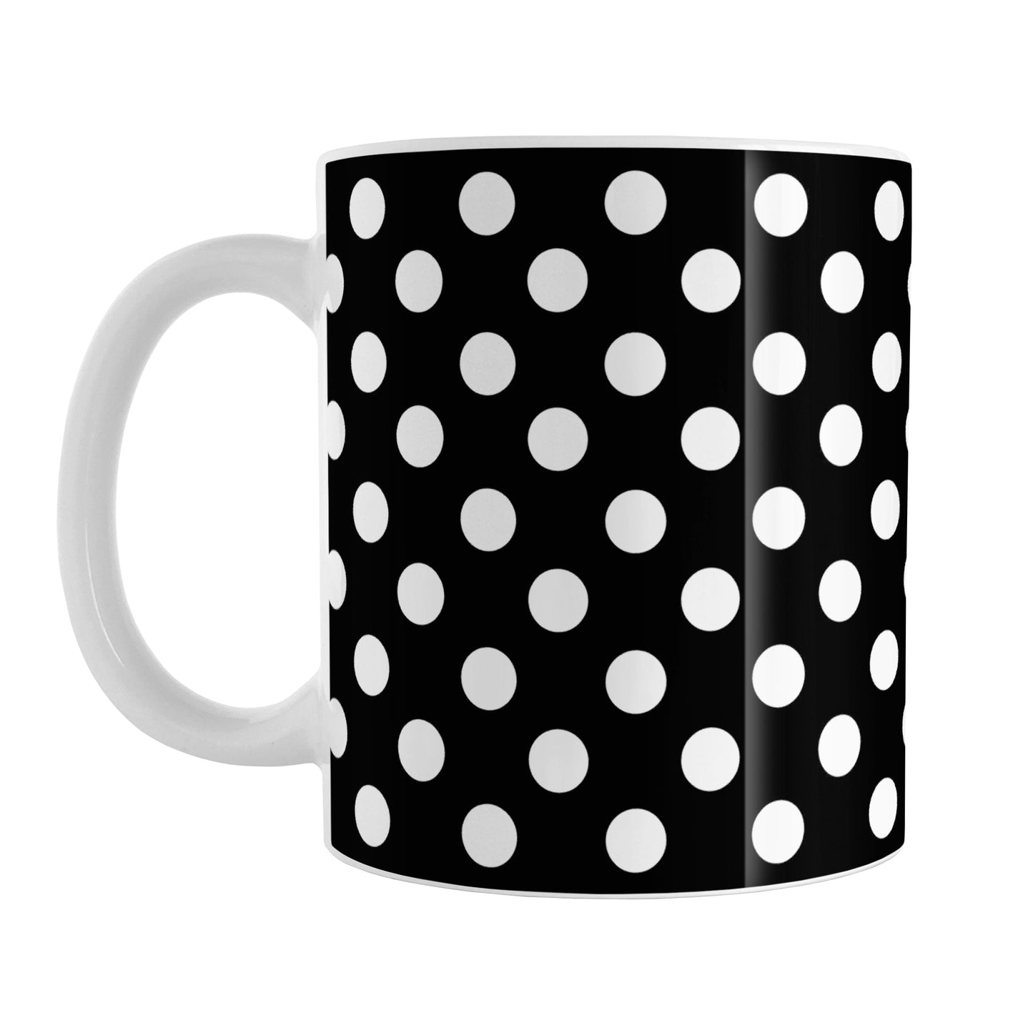 Black Polka Dot Mug (11oz) at Amy's Coffee Mugs. A ceramic coffee mug designed with a pattern of white polka dots over a black background color that wraps around the mug up to the handle.