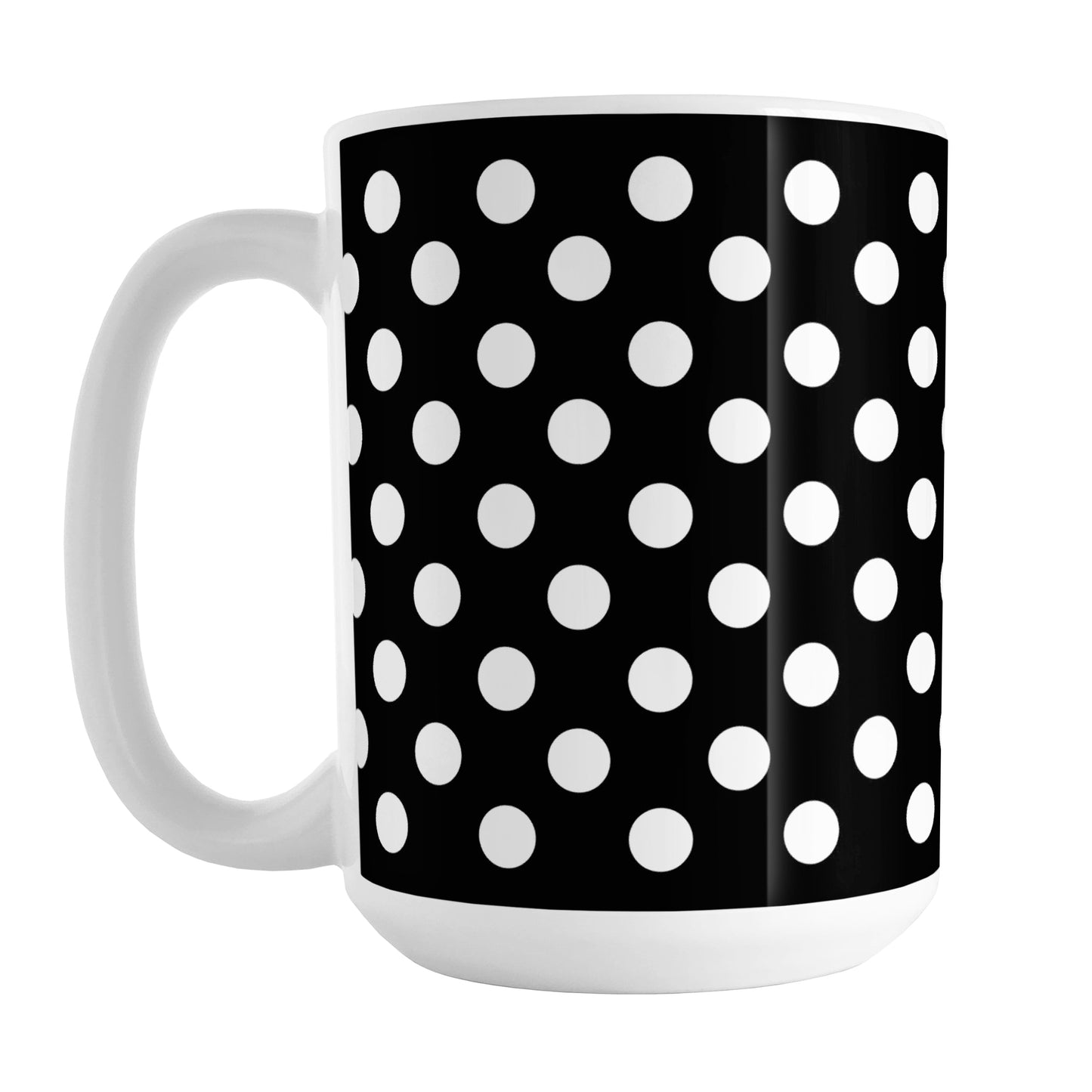 Black Polka Dot Mug (15oz) at Amy's Coffee Mugs. A ceramic coffee mug designed with a pattern of white polka dots over a black background color that wraps around the mug up to the handle.