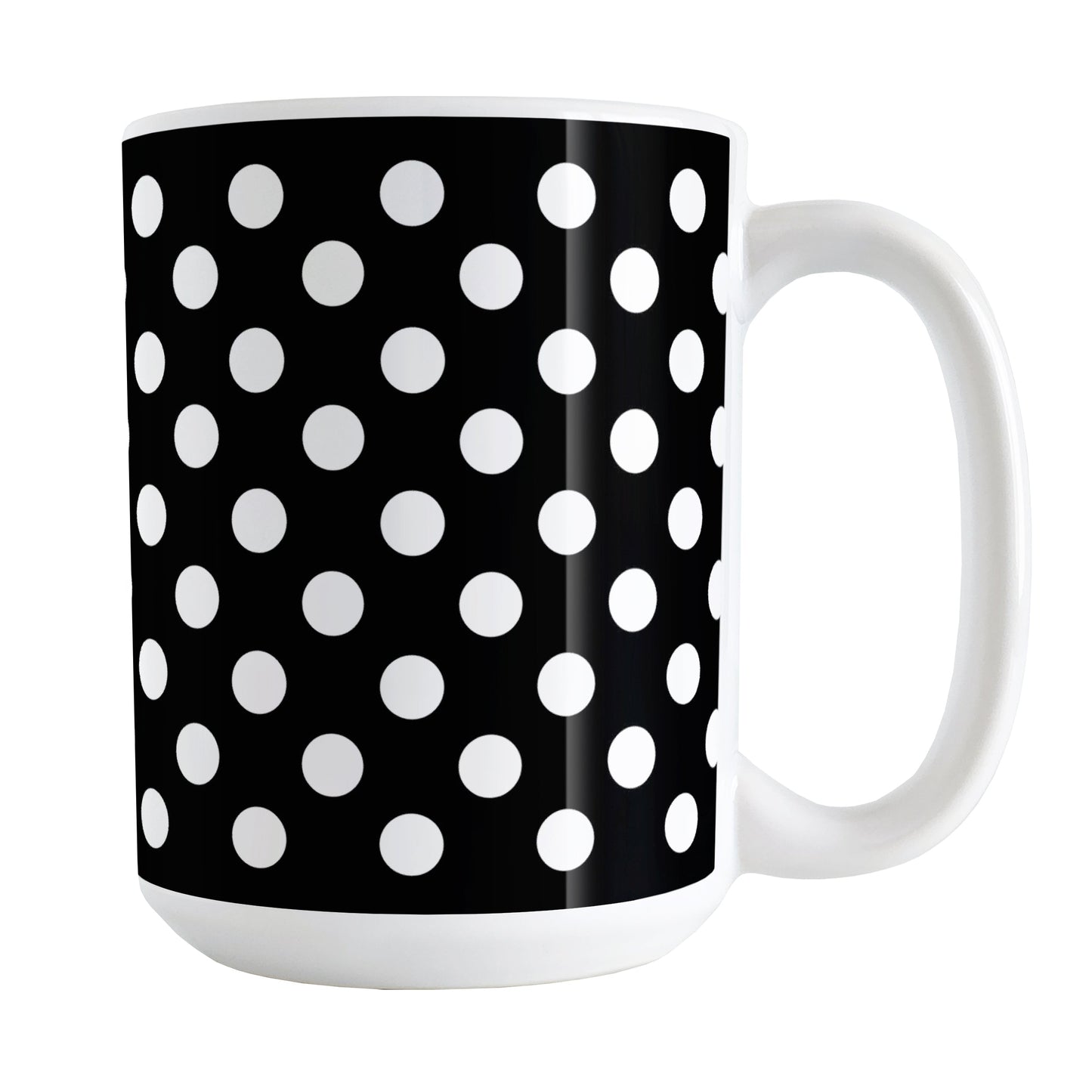 Black Polka Dot Mug (15oz) at Amy's Coffee Mugs. A ceramic coffee mug designed with a pattern of white polka dots over a black background color that wraps around the mug up to the handle.