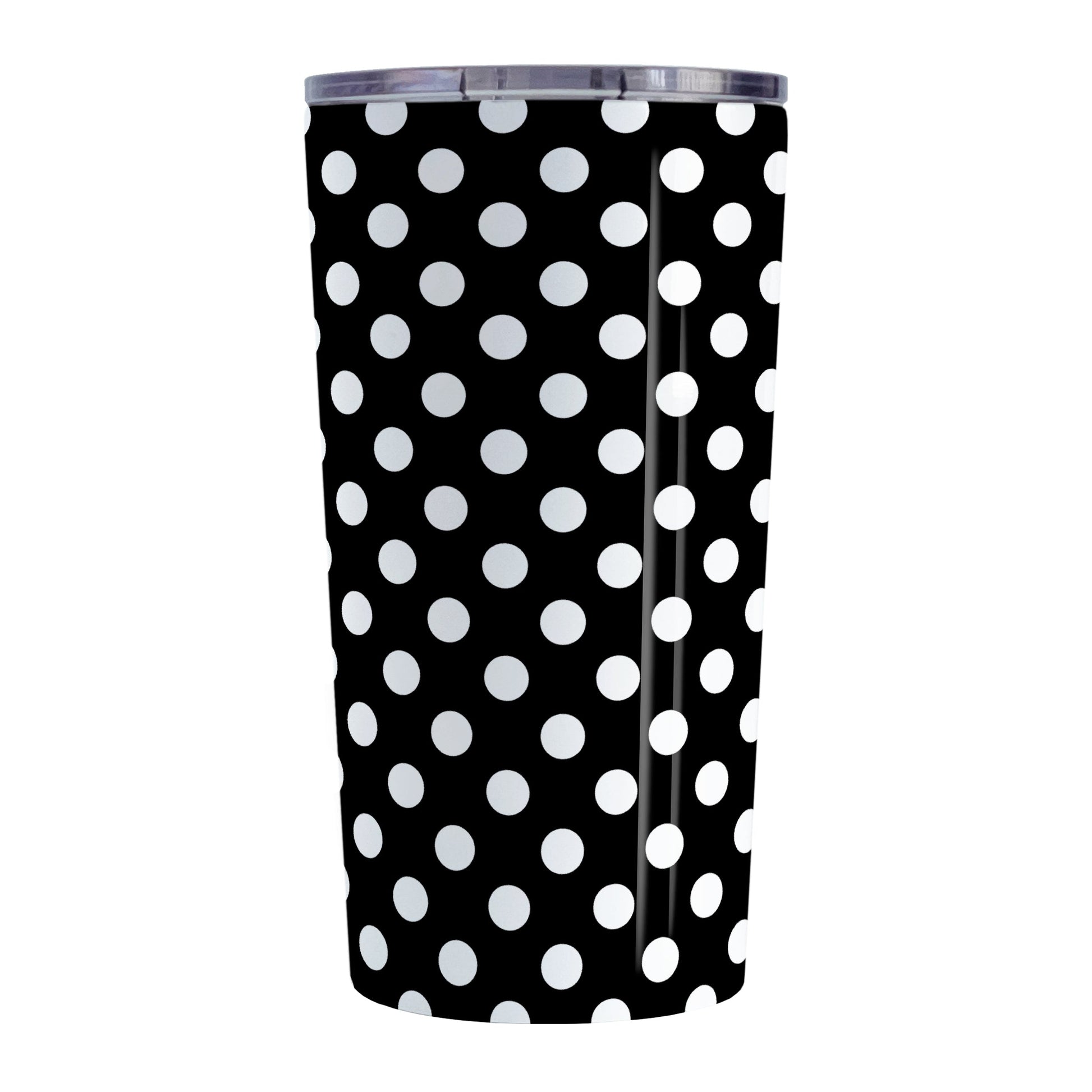 Black Polka Dot Tumbler Cup (20oz, stainless steel insulated) at Amy's Coffee Mugs. A tumbler cup designed with a pattern of white polka dots over a black background color that wraps around the cup.