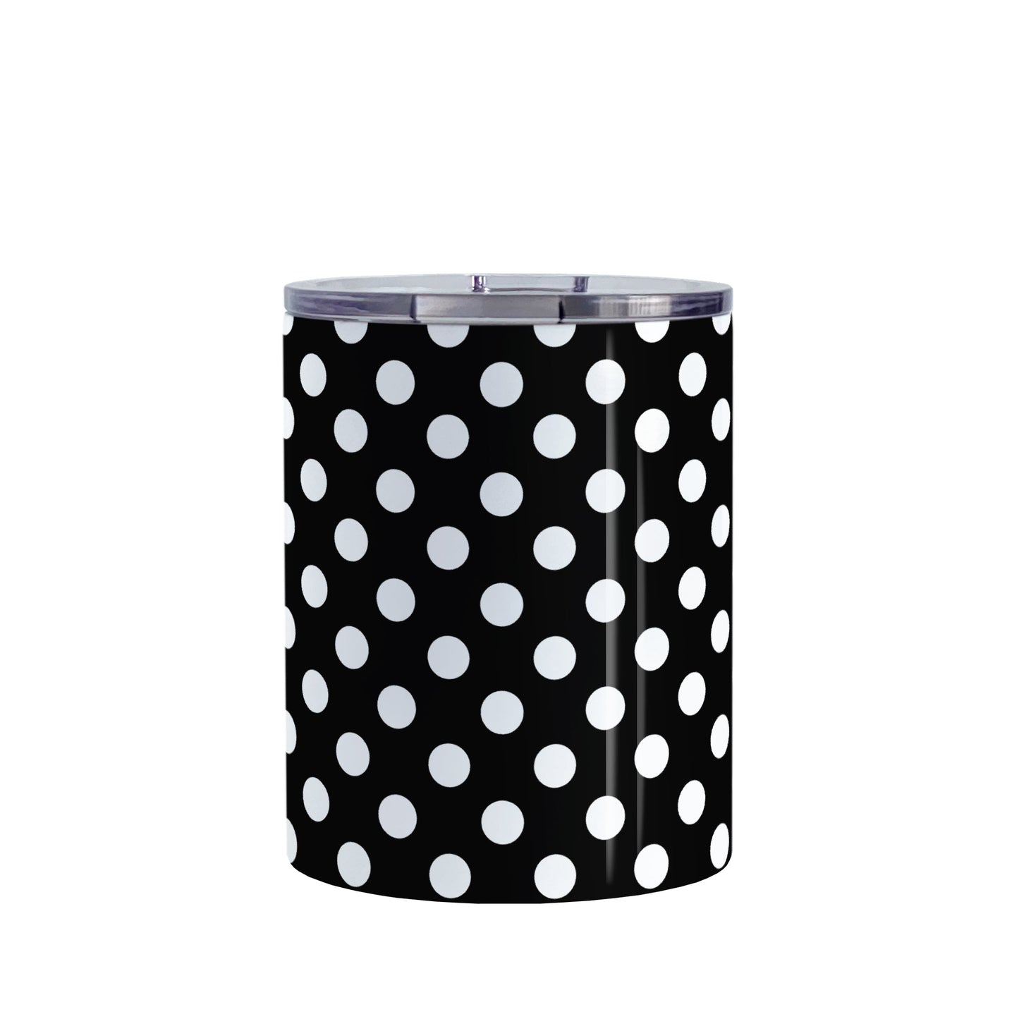 Black Polka Dot Tumbler Cup (10oz, stainless steel insulated) at Amy's Coffee Mugs. A tumbler cup designed with a pattern of white polka dots over a black background color that wraps around the cup.