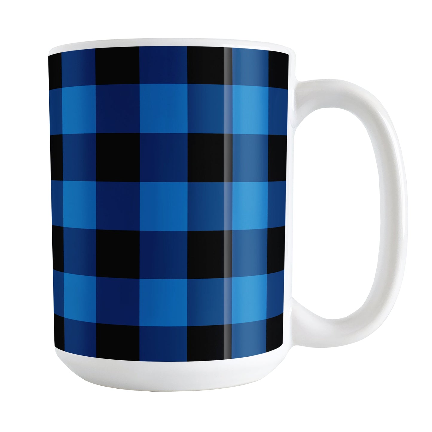 Blue and Black Buffalo Plaid Mug (15oz) at Amy's Coffee Mugs. A ceramic coffee mug designed with a blue and black buffalo plaid (buffalo check) pattern that wraps around the mug up to the handle.
