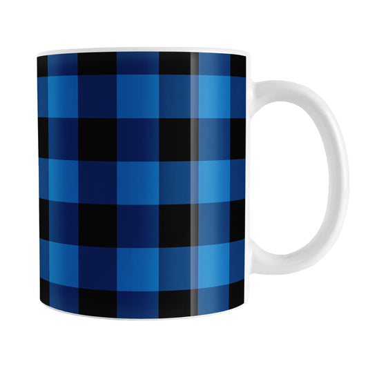 Blue and Black Buffalo Plaid Mug (11oz) at Amy's Coffee Mugs. A ceramic coffee mug designed with a blue and black buffalo plaid (buffalo check) pattern that wraps around the mug up to the handle.