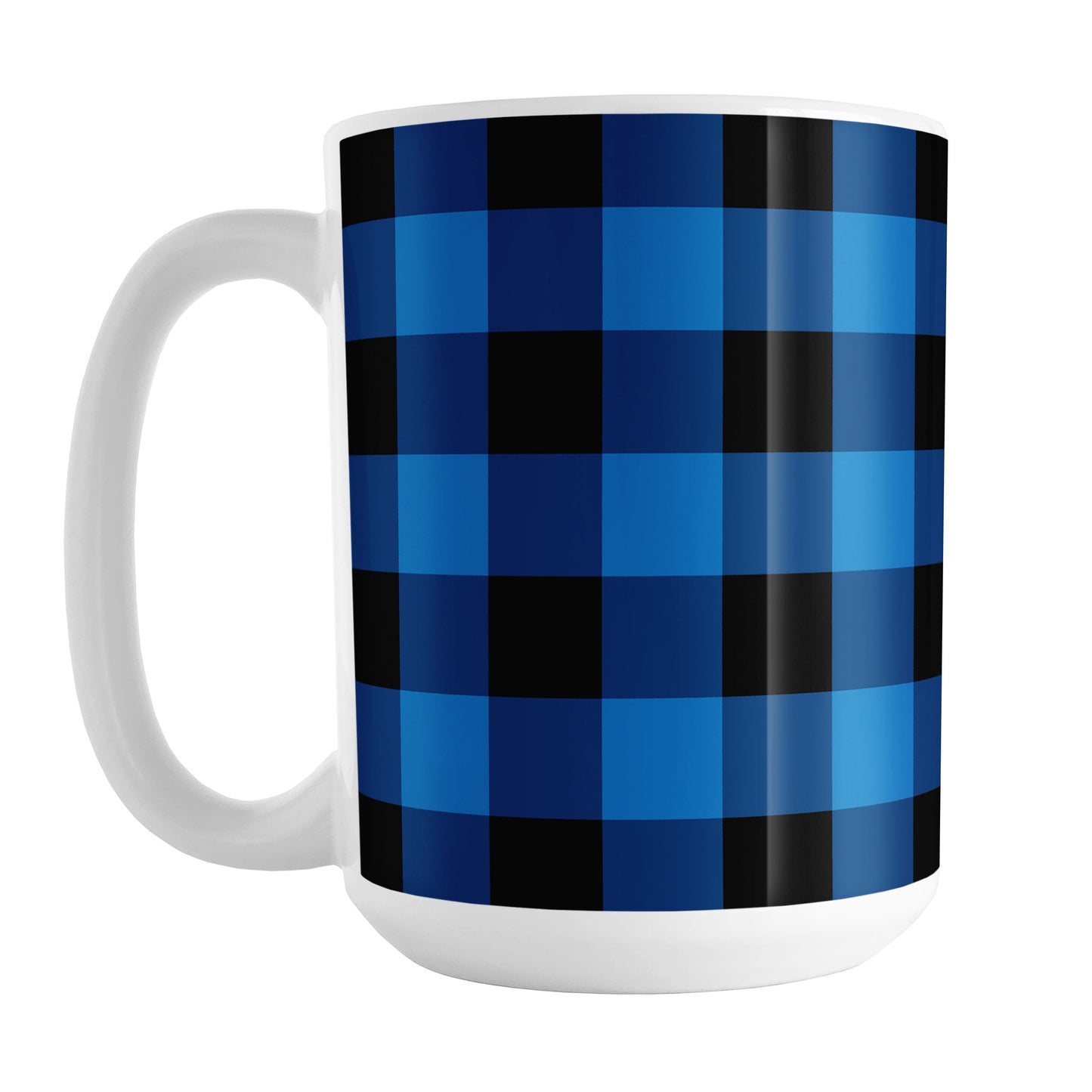 Blue and Black Buffalo Plaid Mug (15oz) at Amy's Coffee Mugs. A ceramic coffee mug designed with a blue and black buffalo plaid (buffalo check) pattern that wraps around the mug up to the handle.