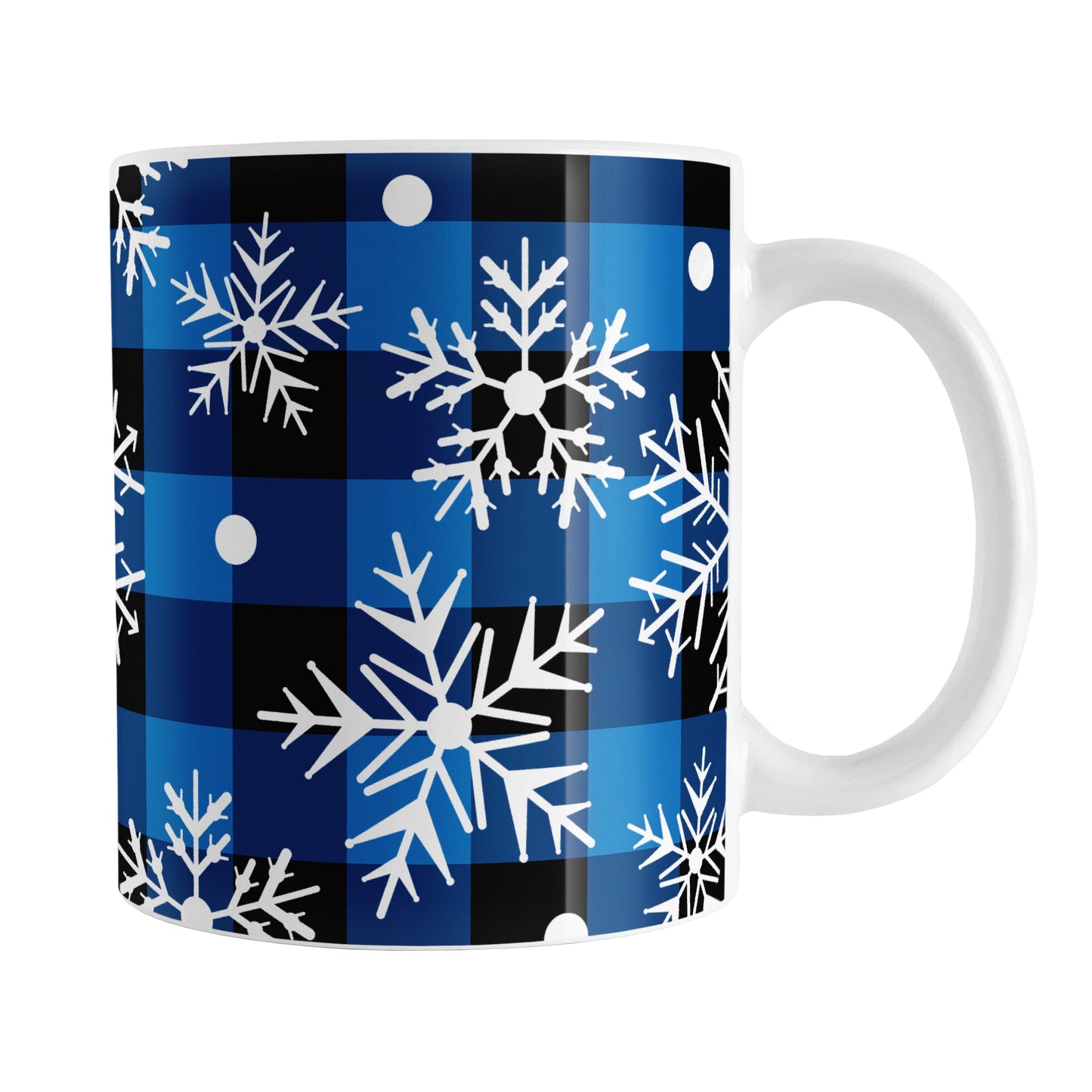 Blue and Black Buffalo Plaid Snowflake Mug (11oz) at Amy's Coffee Mugs. A ceramic coffee mug designed with a blue and black buffalo plaid (buffalo check) pattern adorned with white snowflakes that wraps around the mug up to the handle.