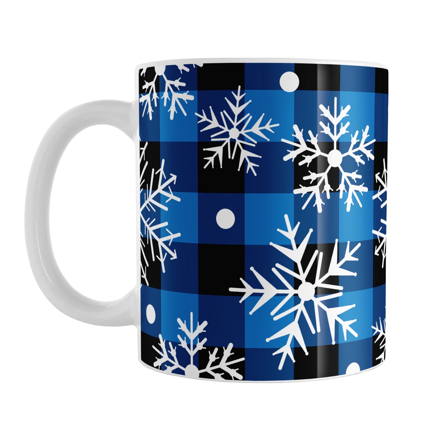 Blue and Black Buffalo Plaid Snowflake Mug (11oz) at Amy's Coffee Mugs. A ceramic coffee mug designed with a blue and black buffalo plaid (buffalo check) pattern adorned with white snowflakes that wraps around the mug up to the handle.