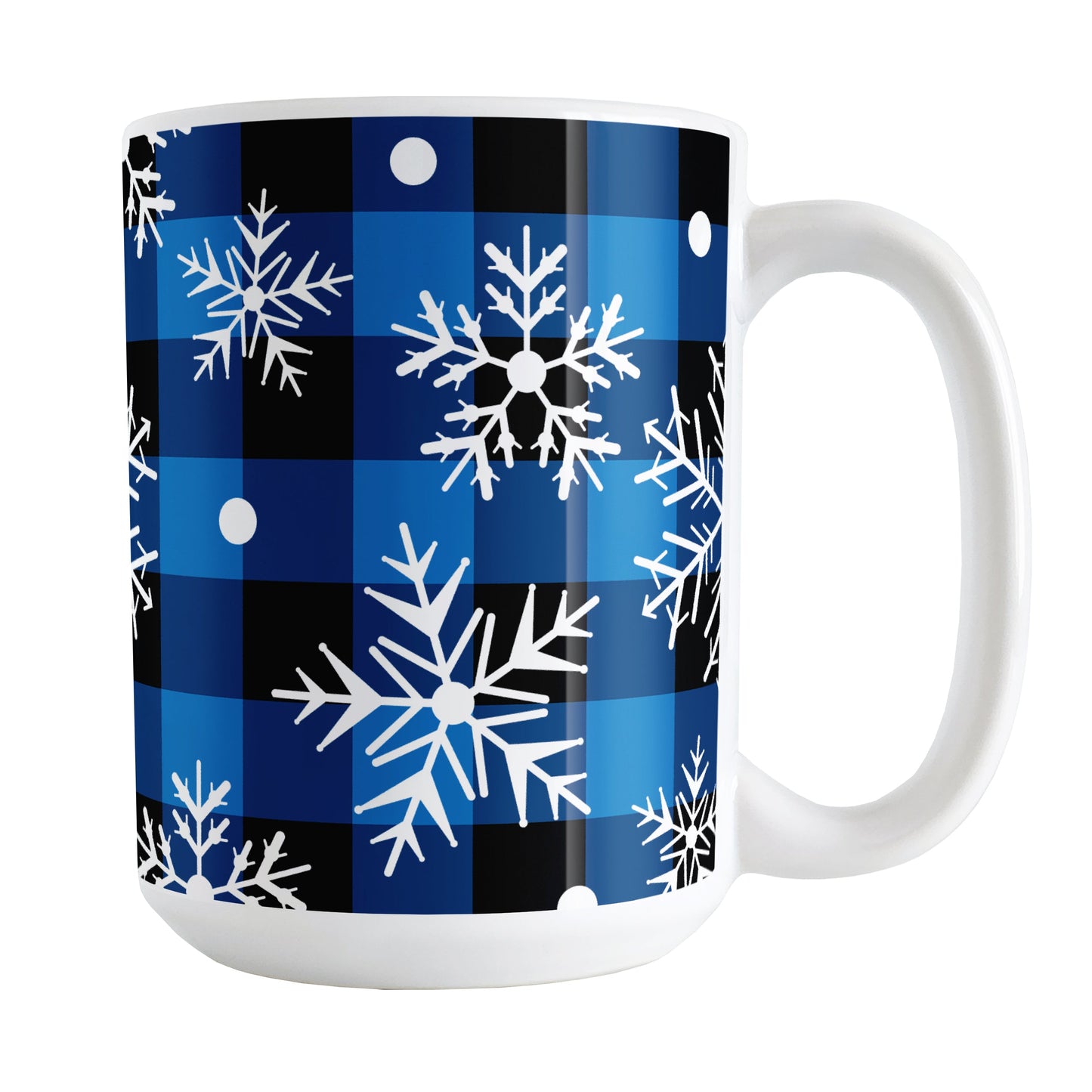 Blue and Black Buffalo Plaid Snowflake Mug (15oz) at Amy's Coffee Mugs. A ceramic coffee mug designed with a blue and black buffalo plaid (buffalo check) pattern adorned with white snowflakes that wraps around the mug up to the handle.