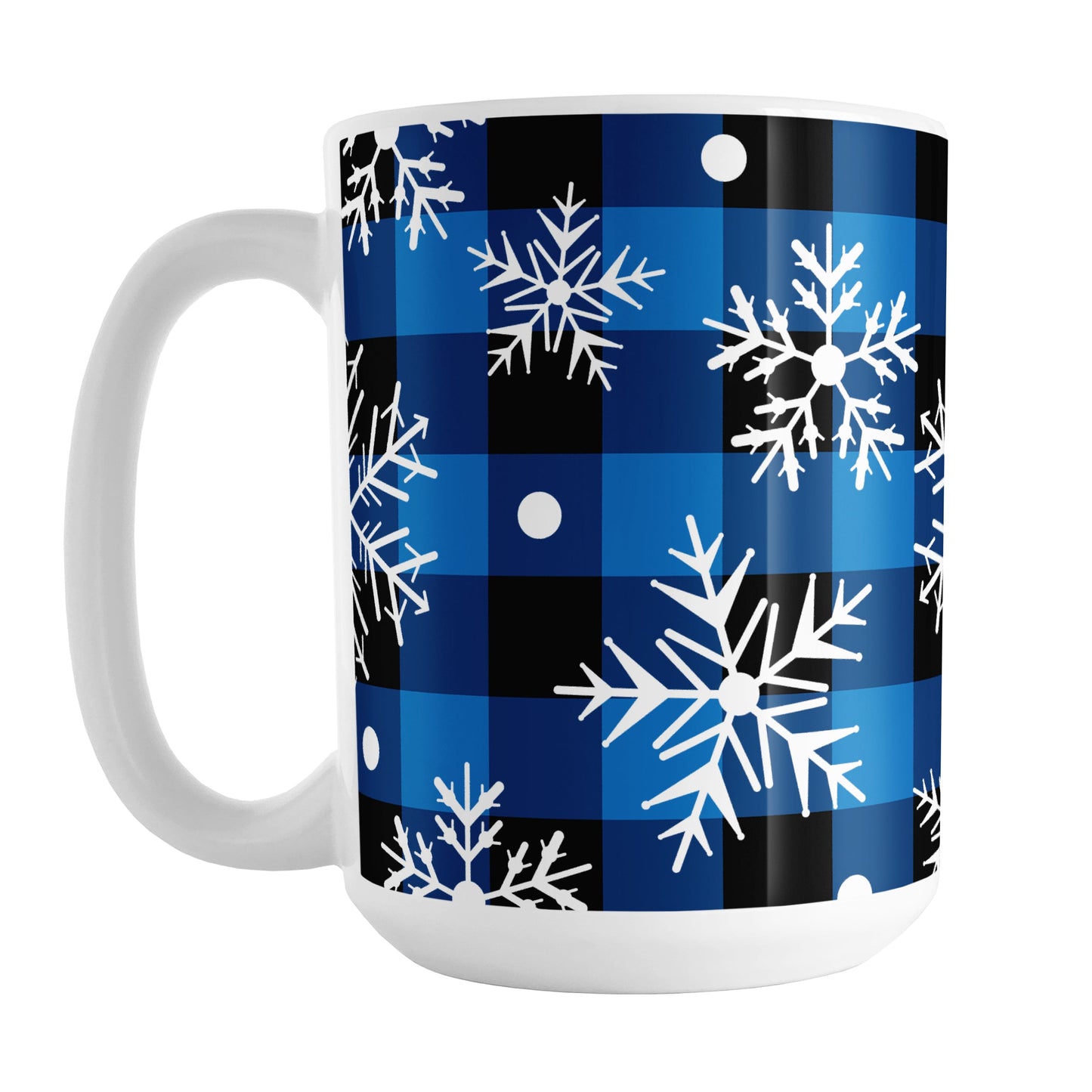 Blue and Black Buffalo Plaid Snowflake Mug (15oz) at Amy's Coffee Mugs. A ceramic coffee mug designed with a blue and black buffalo plaid (buffalo check) pattern adorned with white snowflakes that wraps around the mug up to the handle.