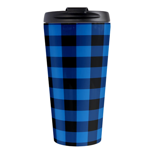 Blue and Black Buffalo Plaid Travel Mug (15oz, stainless steel insulated) at Amy's Coffee Mugs. A travel mug designed with a blue and black buffalo plaid (buffalo check) pattern that wraps around the travel mug.