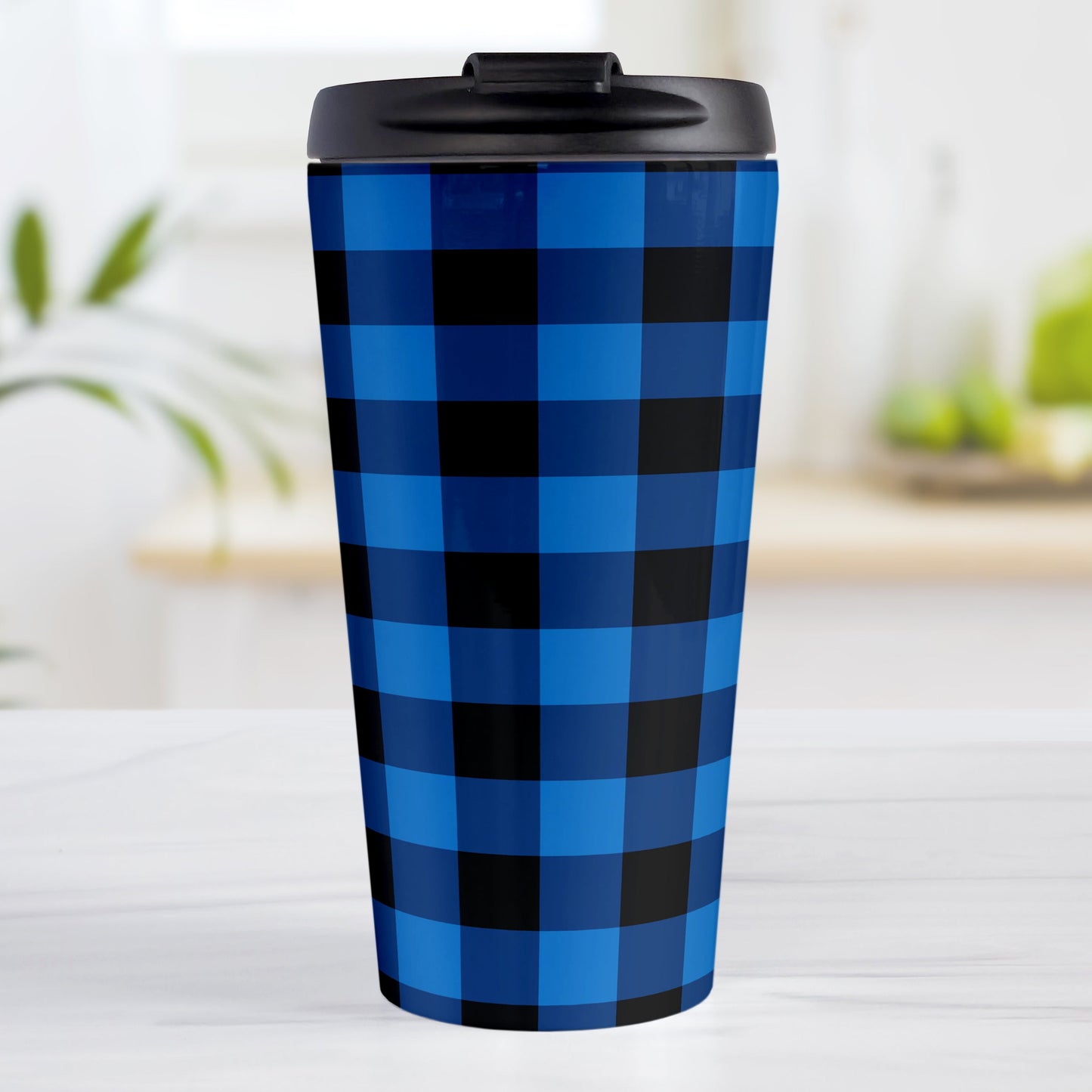 Blue and Black Buffalo Plaid Travel Mug (15oz, stainless steel insulated) at Amy's Coffee Mugs. A travel mug designed with a blue and black buffalo plaid (buffalo check) pattern that wraps around the travel mug.