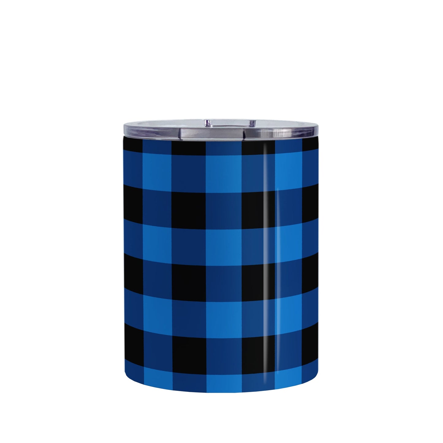 Blue and Black Buffalo Plaid Tumbler Cup (10oz, stainless steel insulated) at Amy's Coffee Mugs. A tumbler cup designed with a blue and black buffalo plaid (buffalo check) pattern that wraps around the cup.