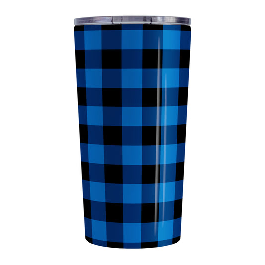 Blue and Black Buffalo Plaid Tumbler Cup (20oz, stainless steel insulated) at Amy's Coffee Mugs. A tumbler cup designed with a blue and black buffalo plaid (buffalo check) pattern that wraps around the cup.