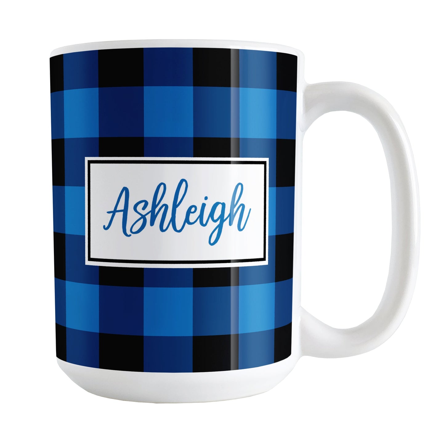 Blue and Black Personalized Name Buffalo Plaid Mug (15oz) at Amy's Coffee Mugs. A ceramic coffee mug designed with a blue and black buffalo plaid (buffalo check) pattern that wraps around the mug up to the handle. Your personalized name is custom printed in a blue script font in a white rectangle design on both sides of the mug.