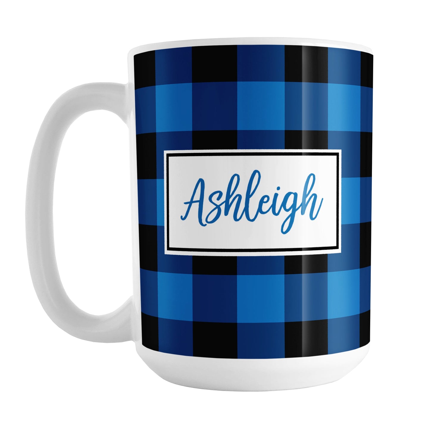 Blue and Black Personalized Name Buffalo Plaid Mug (15oz) at Amy's Coffee Mugs. A ceramic coffee mug designed with a blue and black buffalo plaid (buffalo check) pattern that wraps around the mug up to the handle. Your personalized name is custom printed in a blue script font in a white rectangle design on both sides of the mug.