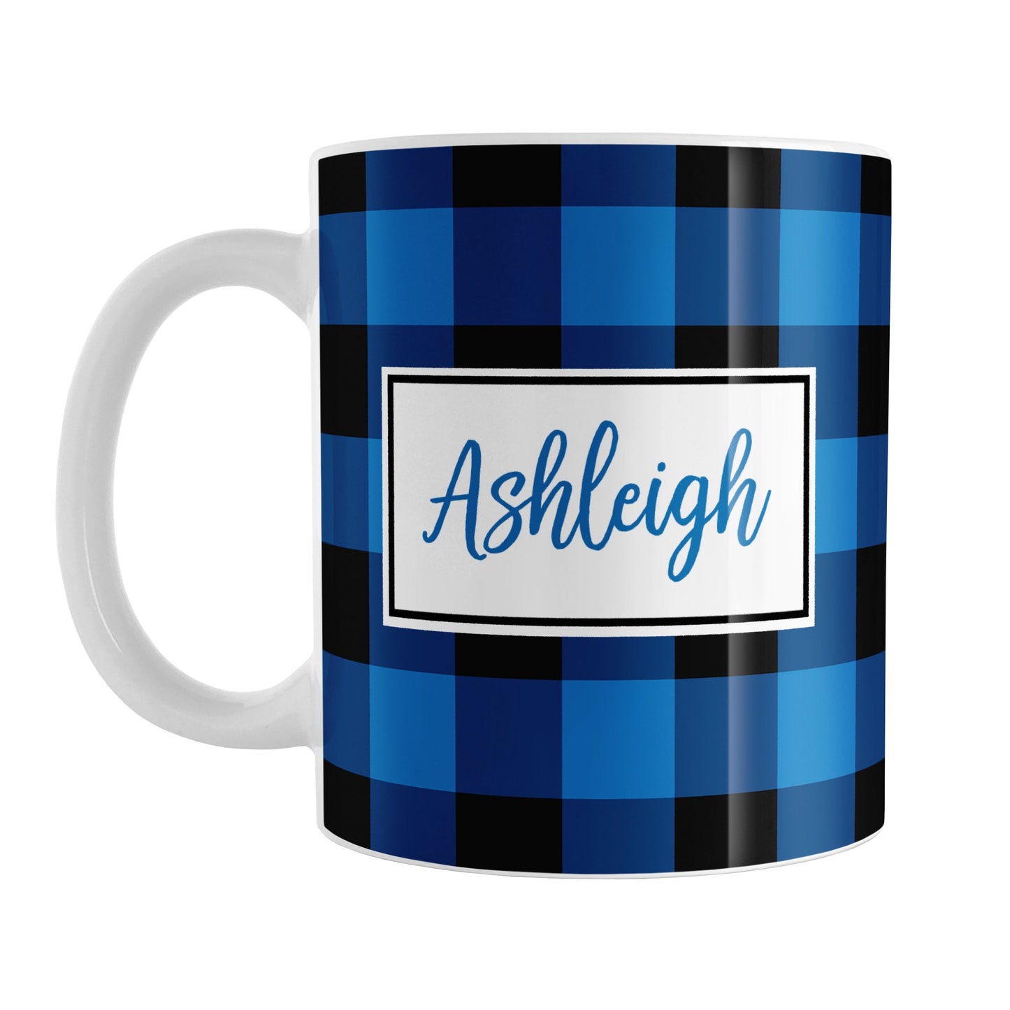 Blue and Black Personalized Name Buffalo Plaid Mug (11oz) at Amy's Coffee Mugs. A ceramic coffee mug designed with a blue and black buffalo plaid (buffalo check) pattern that wraps around the mug up to the handle. Your personalized name is custom printed in a blue script font in a white rectangle design on both sides of the mug.