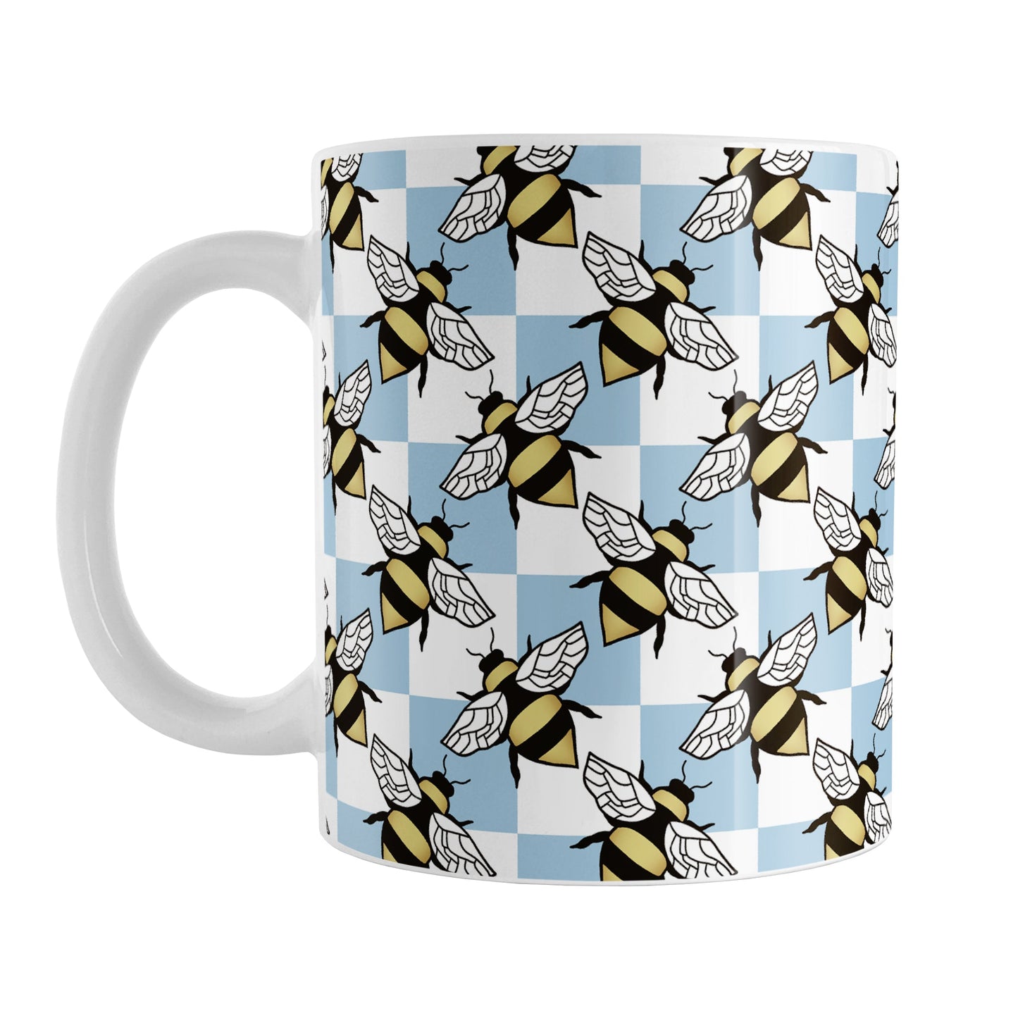 Blue Checkered Bee Mug (11oz) at Amy's Coffee Mugs. A ceramic coffee mug designed with a blue and white checkered pattern adorned with alternately facing bees over the check pattern. This design wraps around the mug up to the handle.