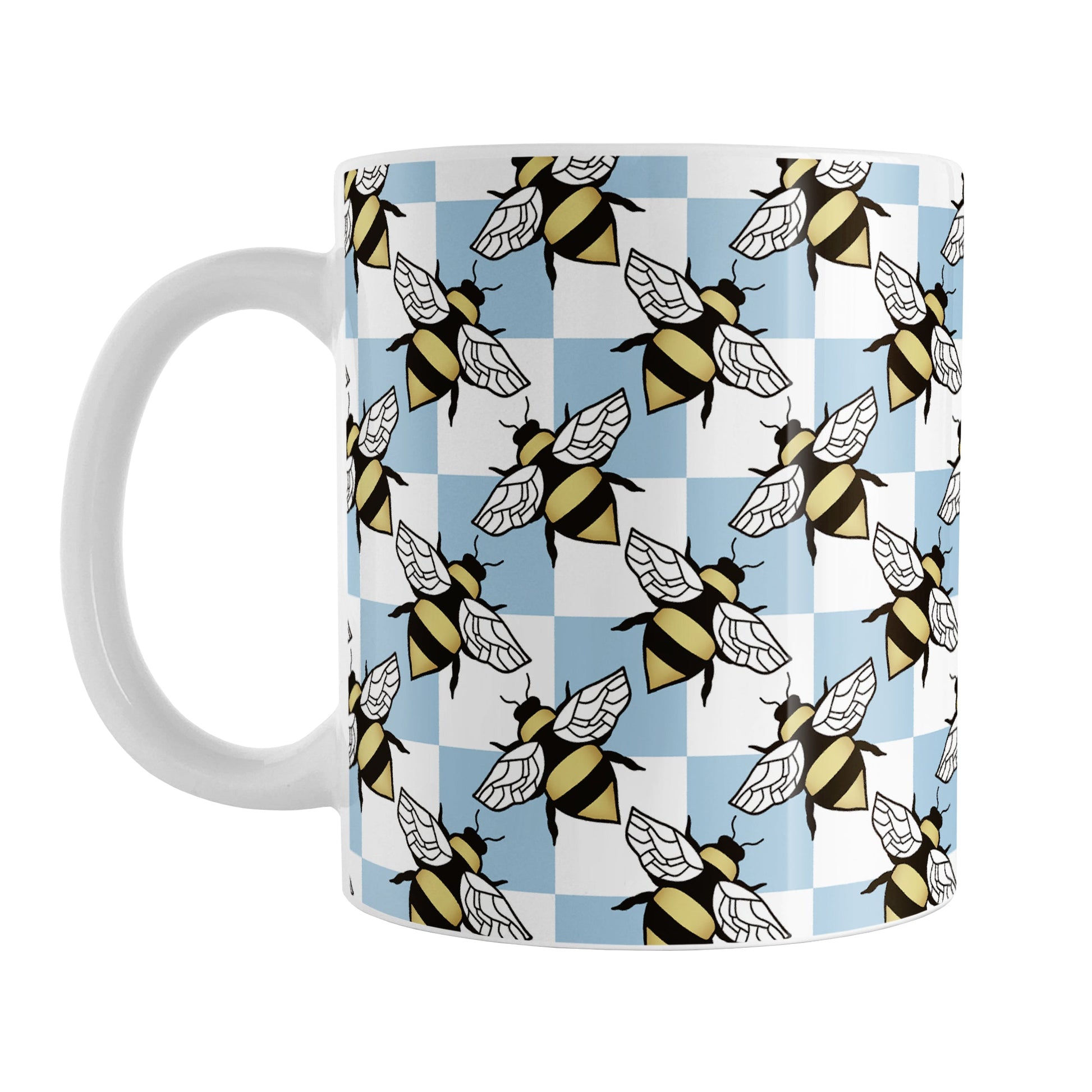 Blue Checkered Bee Mug (11oz) at Amy's Coffee Mugs. A ceramic coffee mug designed with a blue and white checkered pattern adorned with alternately facing bees over the check pattern. This design wraps around the mug up to the handle.