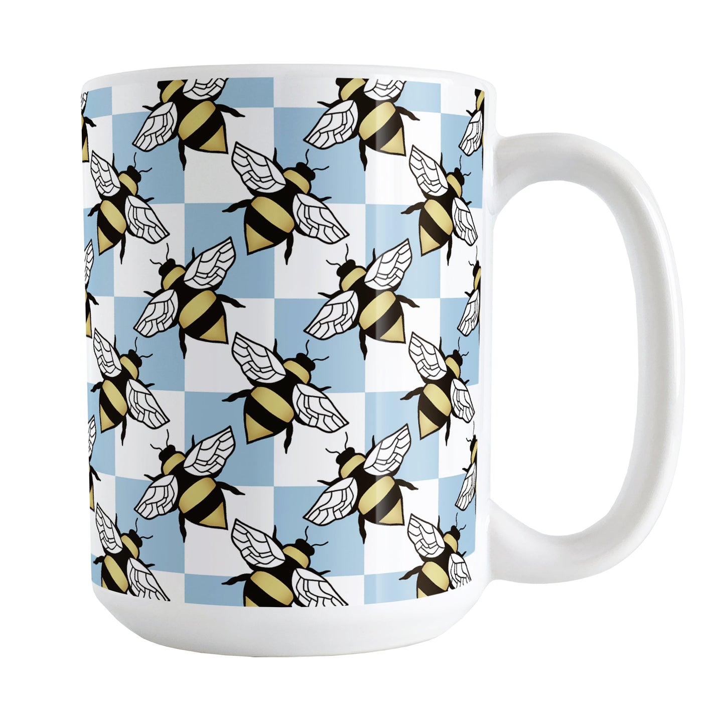 Blue Checkered Bee Mug (15oz) at Amy's Coffee Mugs. A ceramic coffee mug designed with a blue and white checkered pattern adorned with alternately facing bees over the check pattern. This design wraps around the mug up to the handle.
