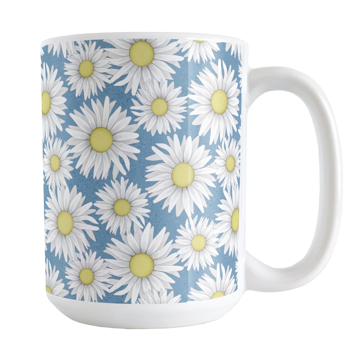 Blue Daisy Pattern Mug (15oz) at Amy's Coffee Mugs. A ceramic coffee mug designed with a pretty pattern of white daisy flowers with yellow centers over a speckled blue background that wraps around the mug to the handle.